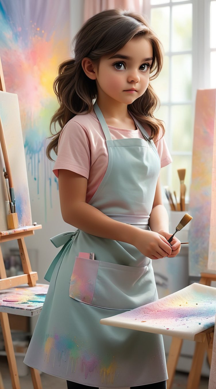 an accurate rendering of a girl at an art studio, her apron splattered with pastel paint hues, focusing intensely on a canvas that bursts with soft pastel colors, in a studio bathed in natural light filtering through pastel sheer curtains 