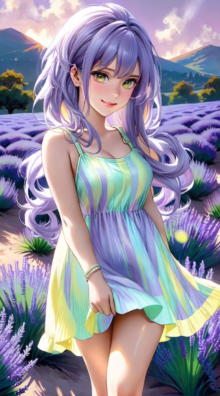 realistic anime waifu style sexy girl with shimmering pastel purple hair, a gentle smile, in a flowing pastel yellow sundress, standing amidst a serene lavender field under a fading pastel sunset sky, giving off a peaceful and whimsical aura 