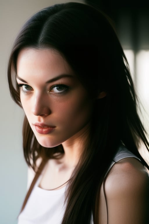 portrait of wo_stoya02, head and shoulders shot, long hair, wearing a white shirt, black background, global illumination, high details, UHD, RAW, HDR effect, beautiful, aesthetic, perfect lighting