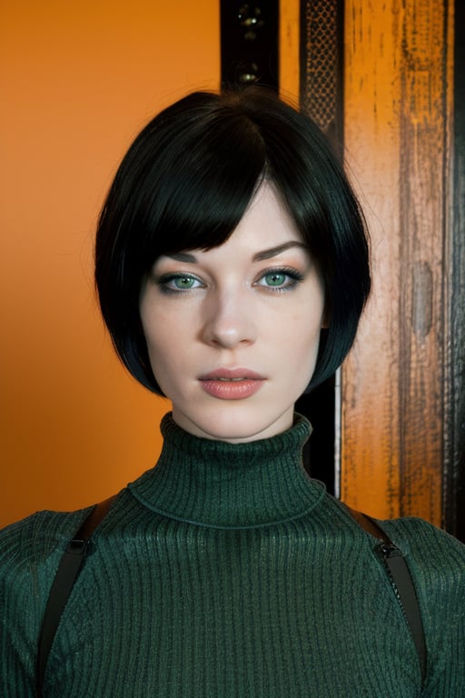 portrait of a young woman wo_stoya02, (black short hair:1.2), green eyes, intricated details, hyperdetailed, cinematic, high key, hdr, turtleneck orange blouse