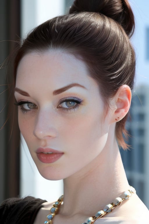 wo_stoya02, focus on eyes, close up on face, white pale skin, wearing jewelry, black hair styled top knot ponytail