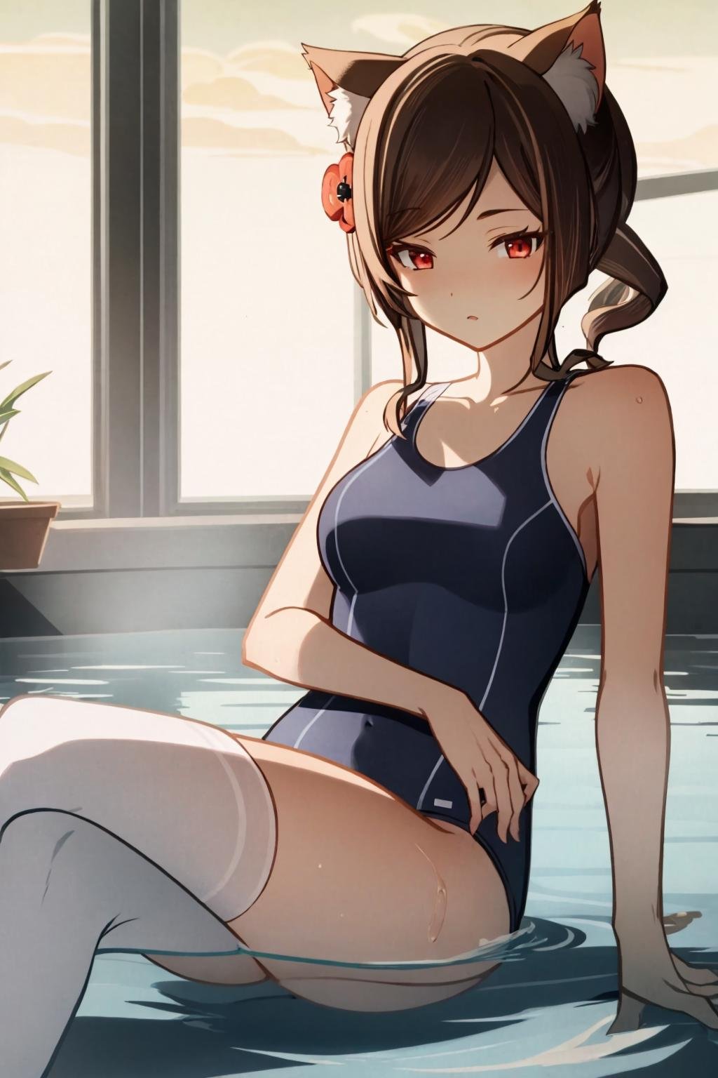 masterpiece, best quality,<lora:gmstyle:1>,indoors,lying, on water, <lora:chiori:1>, furry,chiori, 1girl, brown hair, drill hair, hair ornament,hair flower, red eyes,swimsuit, white swimsuit,school swimsuit, white thighhighs, animal ears, cat ears,serafuku, 