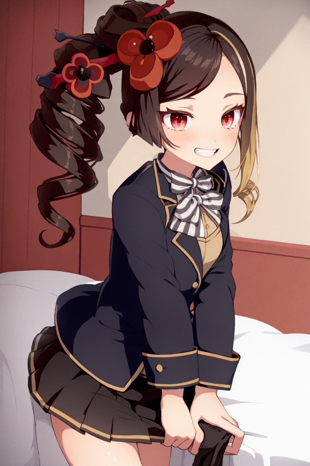 masterpiece, best quality,<lora:style04:1>,indoors, <lora:chiori:1>, 1girl, brown hair, drill hair, hair ornament,hair flower, red eyes,long sleeves,school uniform, black jacket,open jacket,blue shirt,black skirt,grin