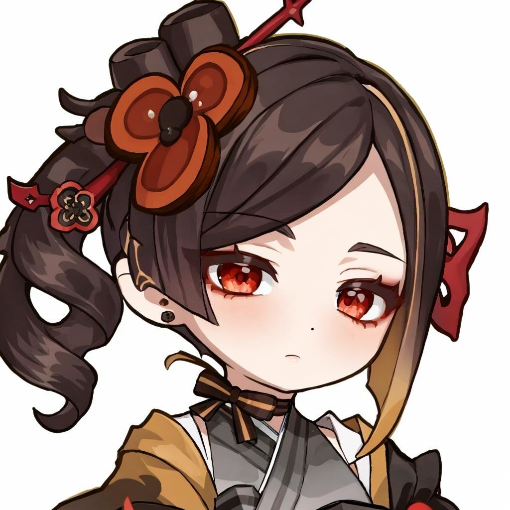 masterpiece, best quality,chibi,white background, simple background,  <lora:chiori:1>,  1girl,solo, brown hair, drill hair, hair ornament,hair flower, red eyes, face,avatar,japanese clothes, kimono,