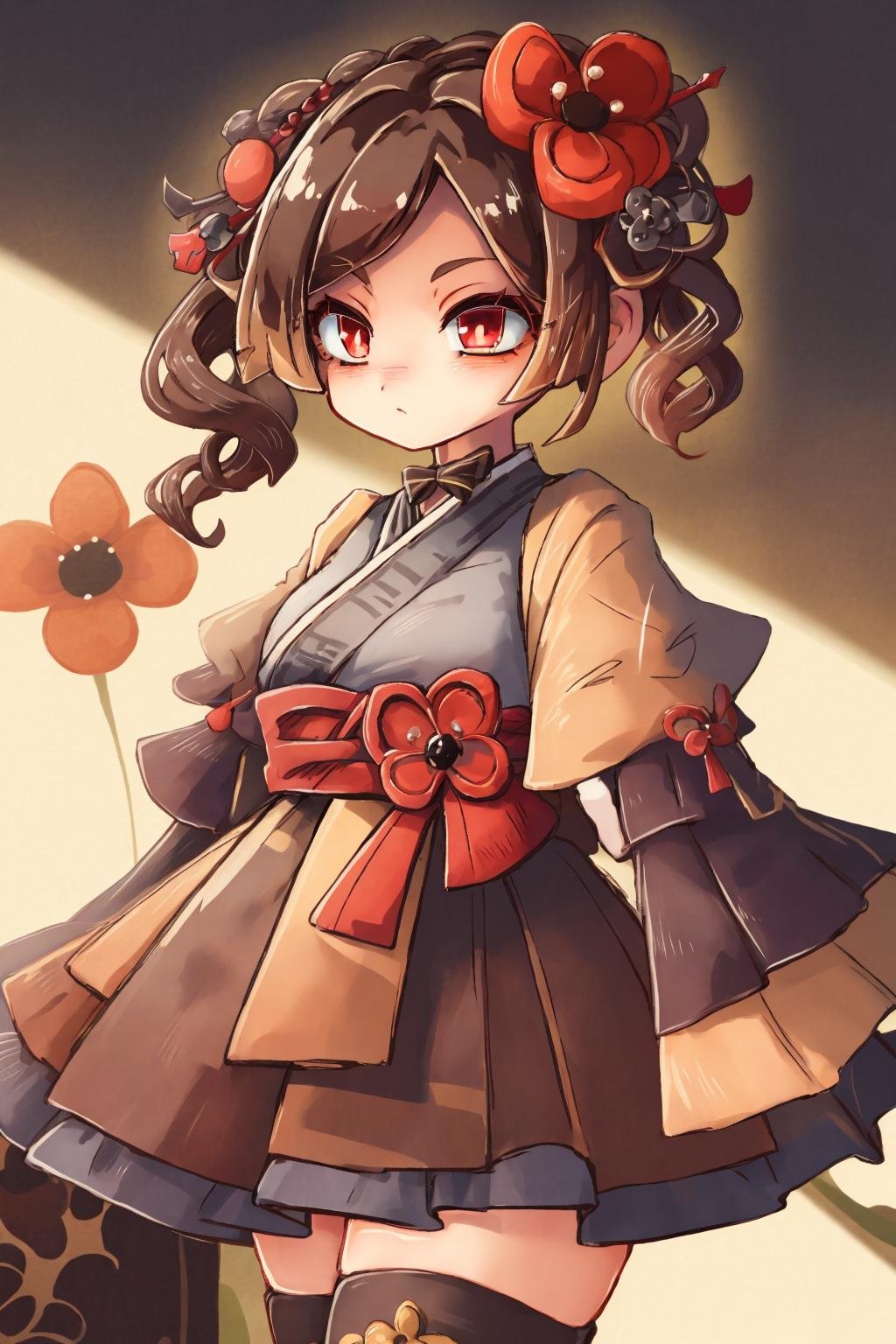 masterpiece, best quality,<lora:style20:1>,chibi, <lora:chiori:1>,chiori, 1girl, brown hair, drill hair, hair ornament,hair flower, flower, red eyes, elbow gloves,short sleeves,wide sleeves, japanese clothes, kimono, pleated skirt, dress,black thighhighs,