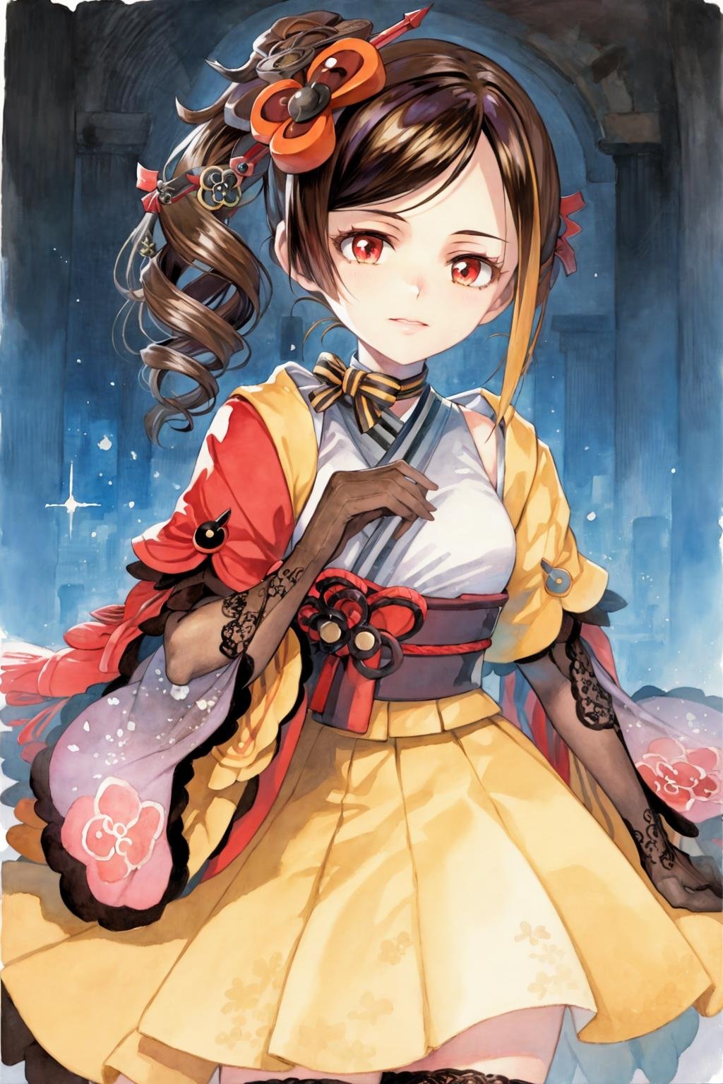 masterpiece, best quality,<lora:style19:1>,watercolor \(medium\), traditional media,  <lora:chiori:1>,chiori, 1girl, brown hair, drill hair, hair ornament,hair flower, flower, red eyes, elbow gloves,short sleeves,wide sleeves, japanese clothes, kimono, pleated skirt, dress,black thighhighs,