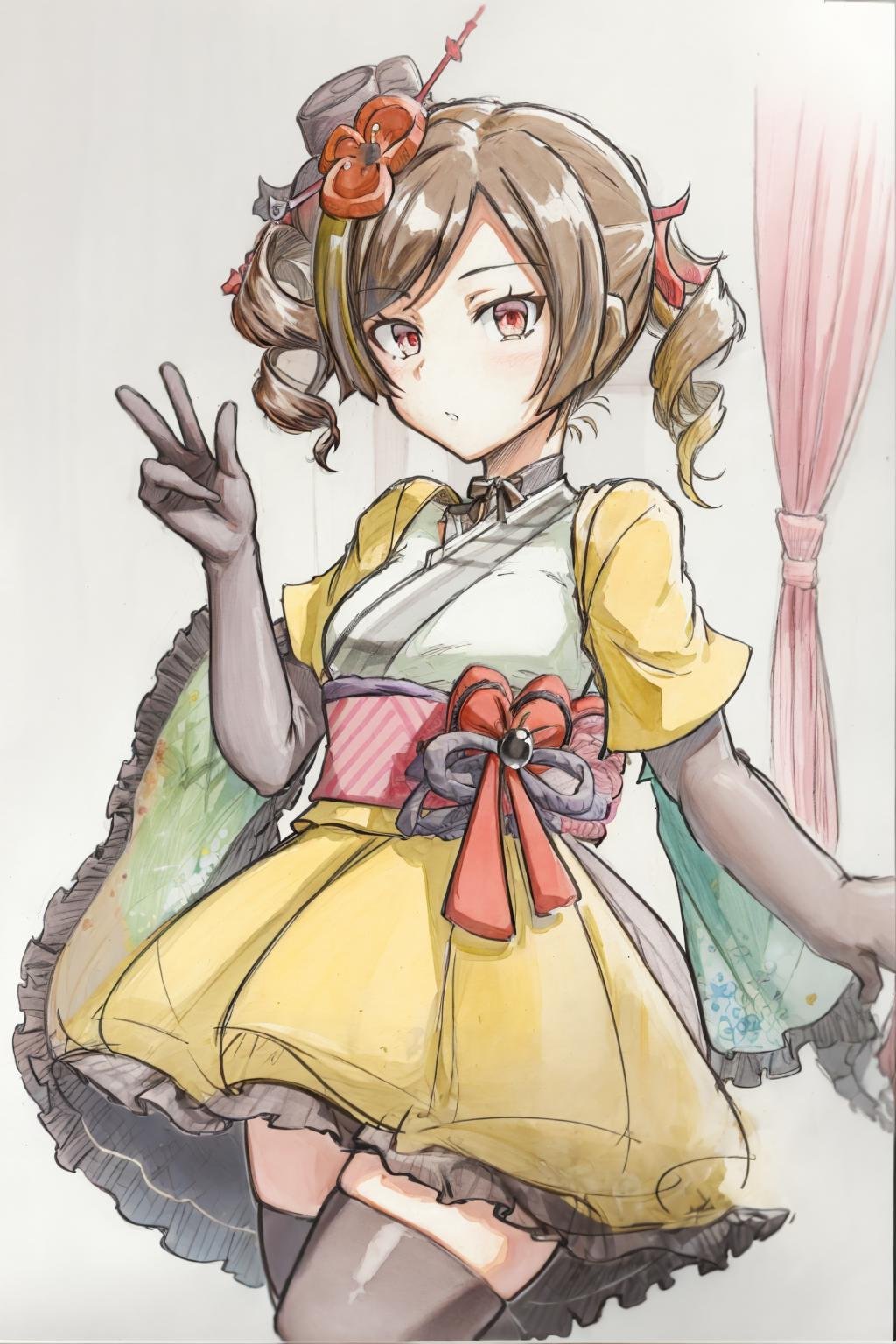 masterpiece, best quality,<lora:style18-v2:1>,watercolor \(medium\), traditional media,  <lora:chiori:1>,chiori, 1girl, brown hair, drill hair, hair ornament,hair flower, flower, red eyes, elbow gloves,short sleeves,wide sleeves, japanese clothes, kimono, pleated skirt, dress,black thighhighs,