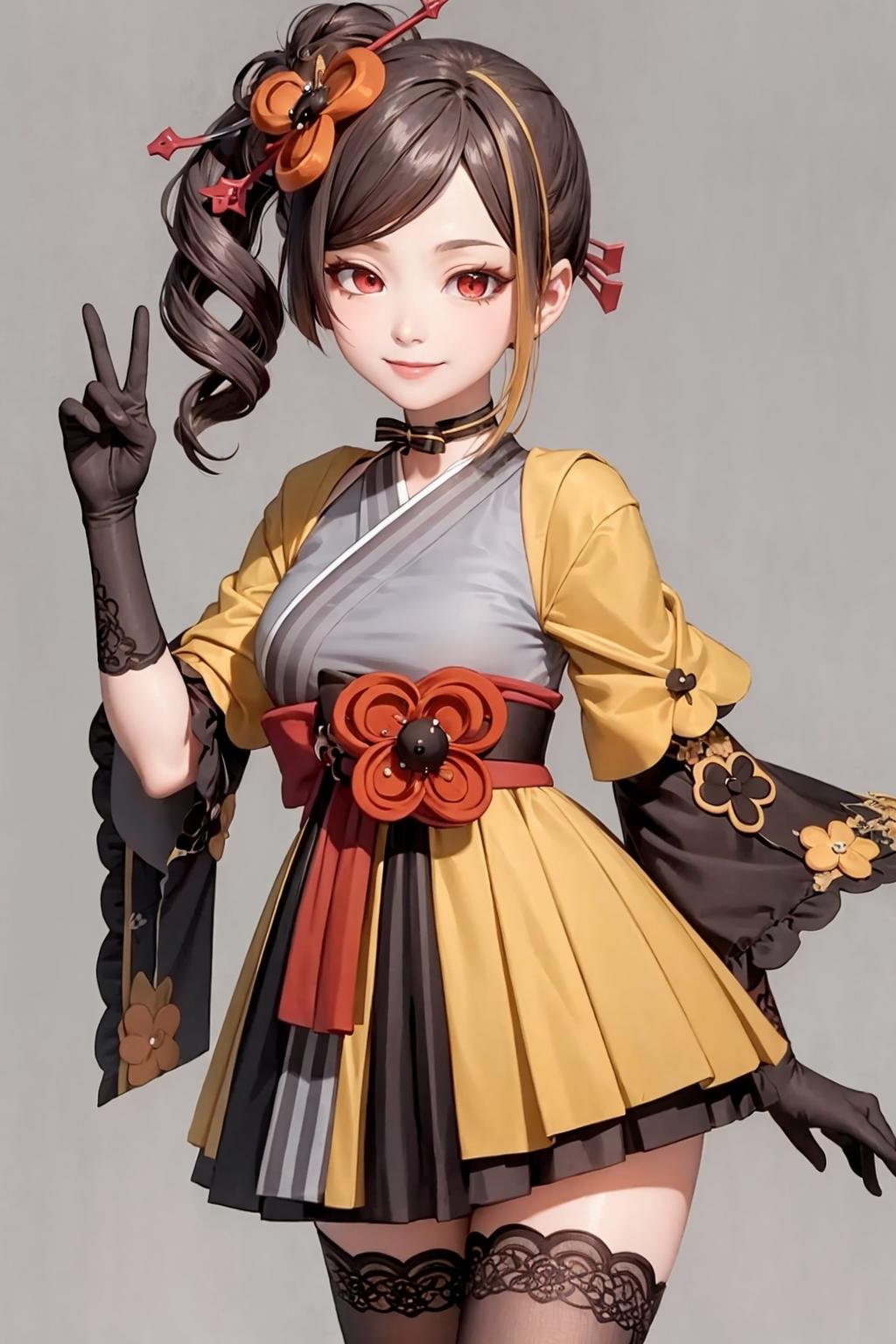 masterpiece, best quality, <lora:chiori:1>,chiori, 1girl, brown hair, drill hair, hair ornament,hair flower, flower,  red eyes, elbow gloves,short sleeves,wide sleeves,  japanese clothes, kimono, pleated skirt, dress,black thighhighs,cowboy shot, grey background, smile