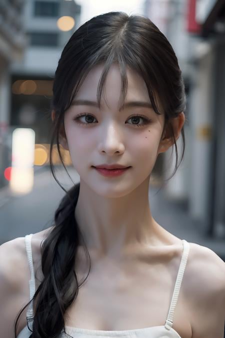 Best quality, masterpiece, ultra high res, (photorealistic:1.4), 1girl, in the dark, deep shadow, low key,  (photorealistic:1.4), slim body, japanese street alley, dynamic pose, face closeup, smile