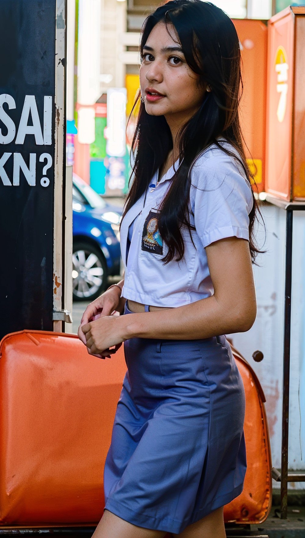 Beautiful woman with long brown hair, 18 years old, well-built, has a mole above her lip, ideally wearing a high school uniform, short-sleeved white shirt, long gray skirt past her knees, not too big chest, walking in the middle. city. buzz, sharp looks, high quality photography, street cinema,mikh4