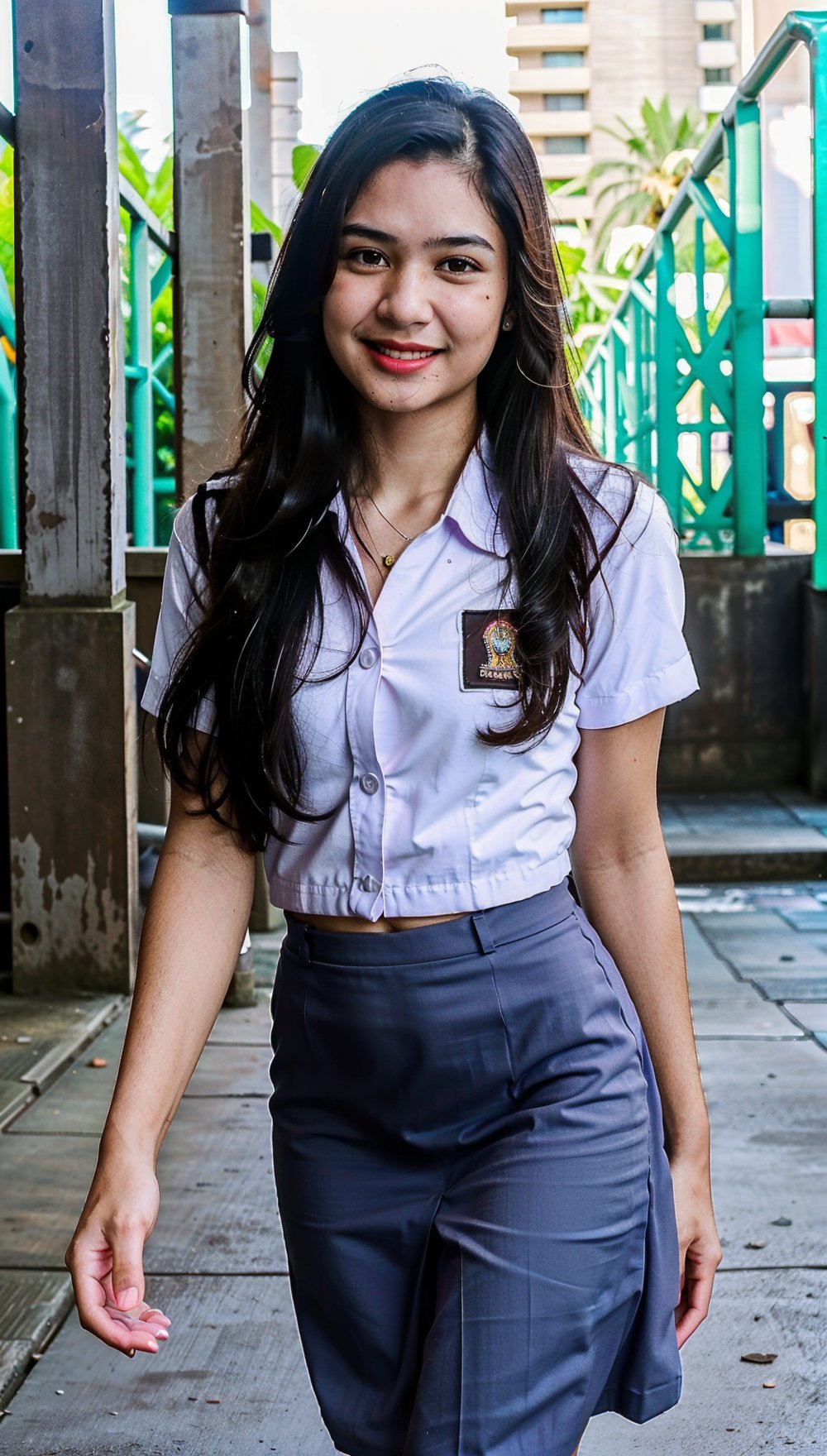 Beautiful woman with long brown hair, 18 years old, well-built, has a mole above her lip, ideally wearing a high school uniform, short-sleeved white shirt, long gray skirt past her knees, not too big chest, walking in the middle. city. buzz, sharp looks, high quality photography, street cinema,mikh4