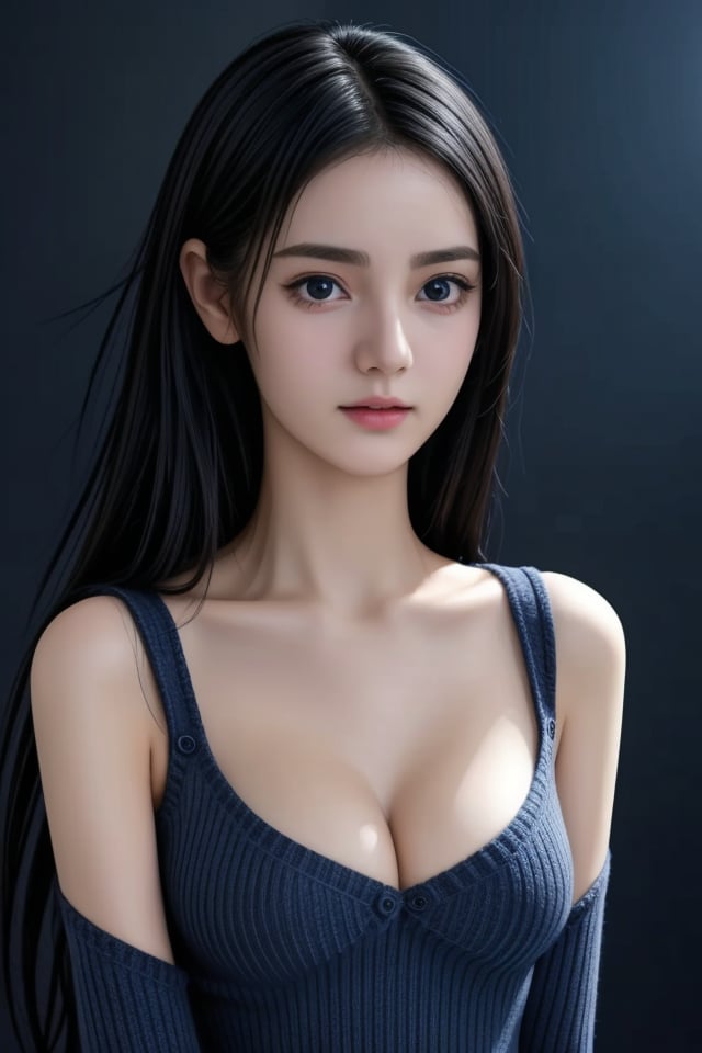( High resolution, Fine detail, High-definition CG, high contrast, HDR, official art, volumetric lighting, Backlight, glowing:1.3 ),
(fair skin,  white skin,  best quality, detailed body,  1girl,   waist,  long legs, body curve,  dynamic pose:1.3),
(smooth sweater,    innocent face, hands holding chest,  round breasts:1.6),
(princess eyes, details eyes, beautiful eyes:1.4),
(medium full shot,   dark blue background:1.1),,<lora:659111690174031528:1.0>