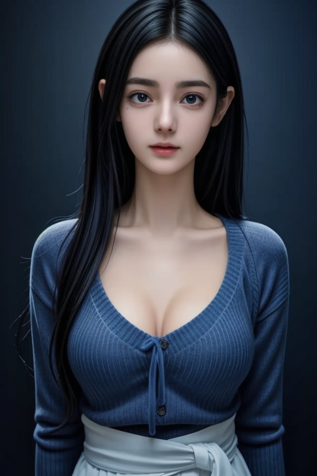 ( High resolution, Fine detail, High-definition CG, high contrast, HDR, official art, volumetric lighting, Backlight, glowing:1.3 ),
(fair skin,  white skin,  best quality, detailed body,  1girl,   waist,  long legs, body curve,  dynamic pose:1.3),
(smooth sweater,    innocent face, hands holding chest,  round breasts:1.6),
(princess eyes, details eyes, beautiful eyes:1.4),
(medium full shot,   dark blue background:1.1),,<lora:659111690174031528:1.0>