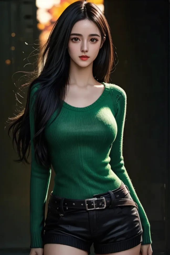 ( High resolution, Fine detail, High-definition CG, high contrast, HDR, official art, volumetric lighting, Backlight, glowing:1.3 ),(1girls,   waist,  long legs, body curve, green sweater,  long hair, dynamic pose:1.3),(extremely luminous bright design, autumn lights :1.4),  <lora:alcm:1>  <lora:Mini_10:0.8>