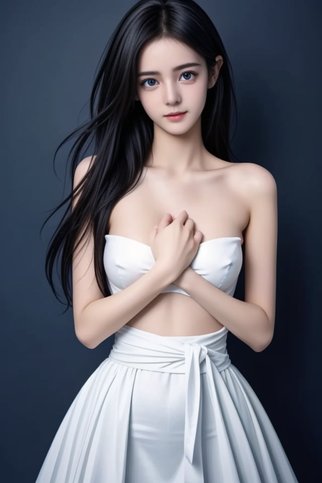 ( High resolution, Fine detail, High-definition CG, high contrast, HDR, official art, volumetric lighting, Backlight, glowing:1.3 ),
(fair skin,  white skin,  best quality, detailed body,  1girl,   waist,  long legs, body curve,  dynamic pose:1.3),
( innocent face, hands holding chest, fully nude, innocent face, round breasts, naked:1.4),
(princess eyes, details eyes, beautiful eyes:1.4),
(medium full shot,   dark blue background:1.1),,<lora:659111690174031528:1.0>