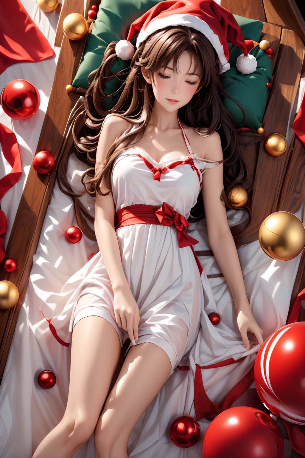  1girl,Christmas attire, Christmas hat, lying down, looking from above, candy,(balls).(many golden balls),thighs,dress
