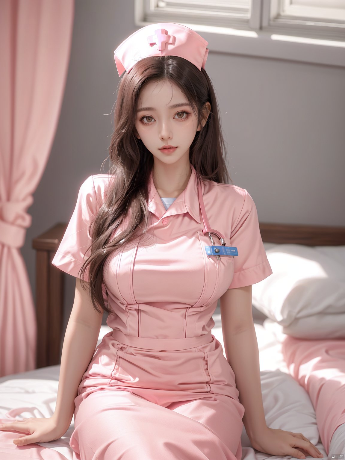  masterpiece, 1 girl, Lovely, Sweet, Long hair, nurse, looking at viewer, pink dress, Pink nurse's uniform, realistic, textured skin, super detail, best quality,