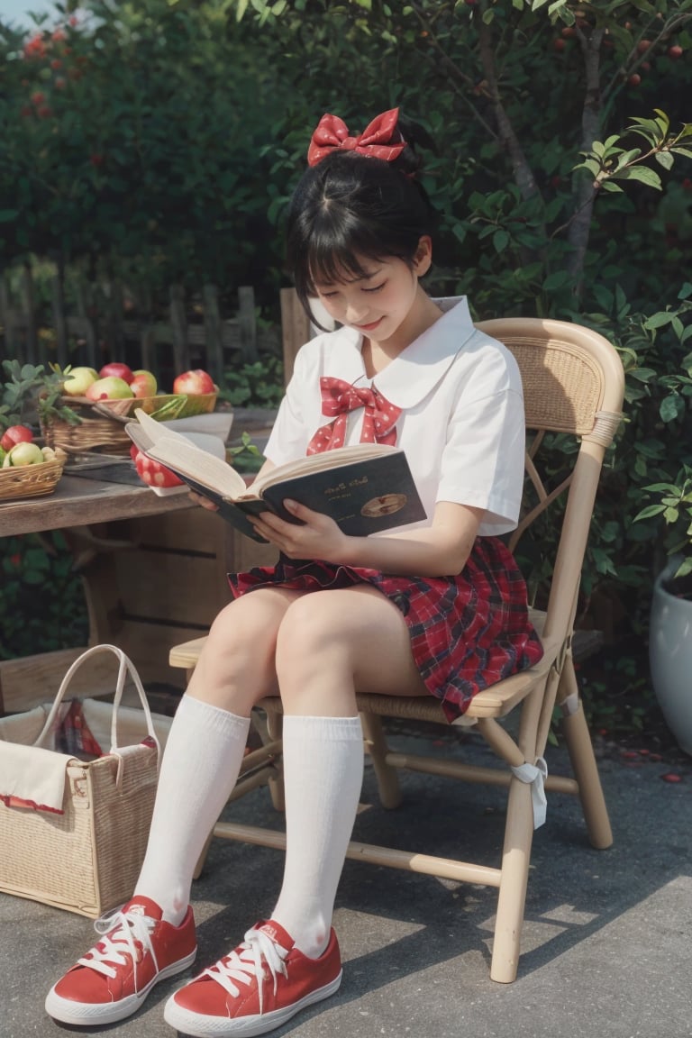 1girl,  solo,  short hair,  black hair,  dress,  bow,  sitting,  full body,  closed eyes,  hair bow,  food,  shoes,  socks,  red bow,  book,  fruit,  watermark,  chair,  plant,  white socks,  red footwear,  open book,  realistic,  apple,  basket,  reading,  kiki \(majo no takkyuubin\),<lora:EMS-262438-EMS:0.400000>,<lora:EMS-57263-EMS:-1.000000>,<lora:EMS-58488-EMS:0.500000>