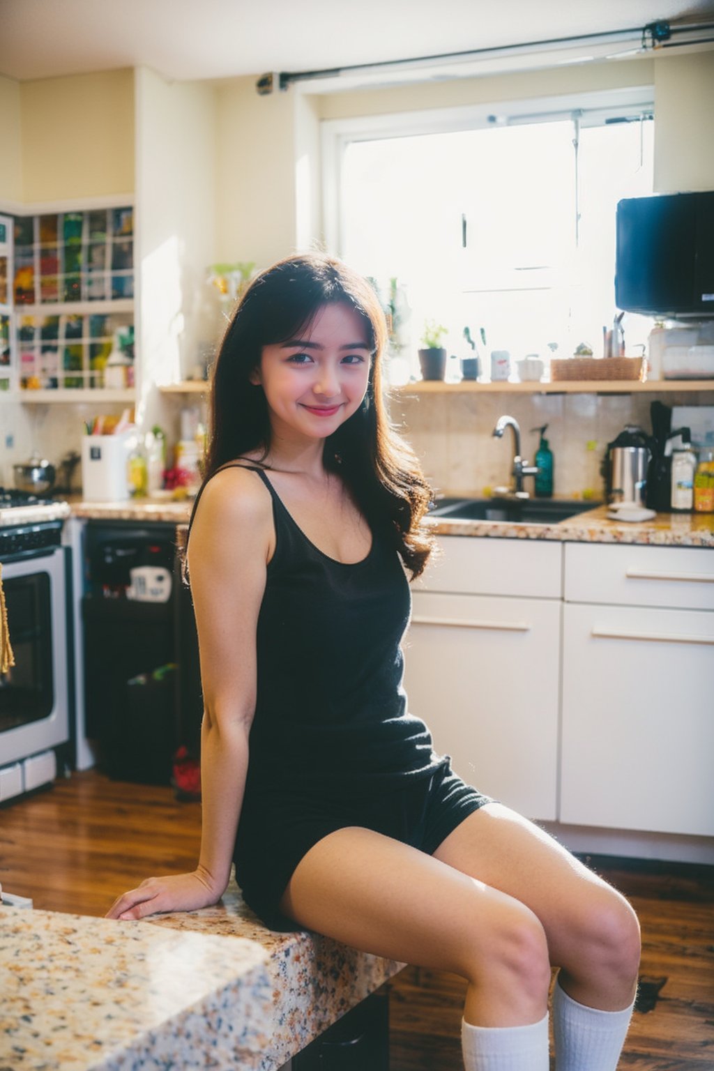 1girl, solo, long hair, black hair, sitting, food, socks, shorts, indoors, fruit, white tank top, plate, realistic, kitchen, sink, refrigerator, looking at viewer,