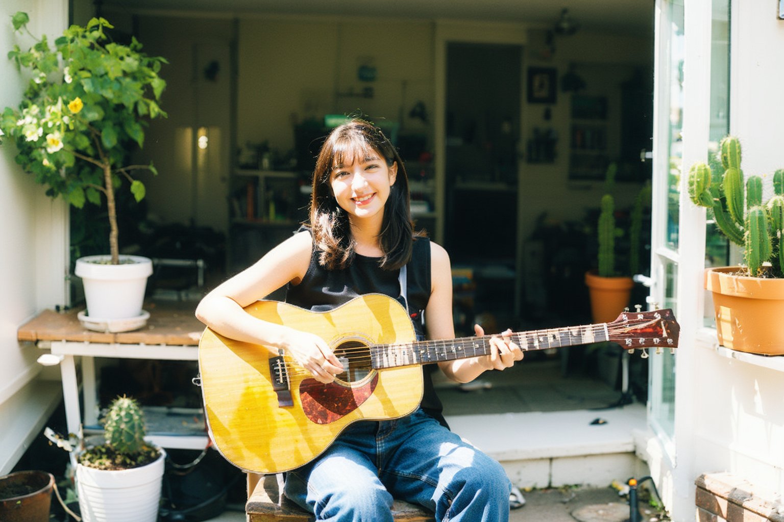 1girl,  solo,  long hair,  messy hair,  black hair,  ((warm smile:0.7)),  sitting,  flower,  sleeveless,  looking at viewer,  pants,  indoors,  ((detailed interior)),  window,  plant,  denim,  instrument,  jeans,  music,  guitar,  potted plant,  japanese style,  playing instrument,  shelf,  poster \(object\),  flower pot,  cactus,  acoustic guitar,<lora:EMS-53812-EMS:0.800000>,<lora:EMS-262438-EMS:0.700000>,<lora:EMS-57263-EMS:1.000000>,<lora:EMS-242618-EMS:0.700000>