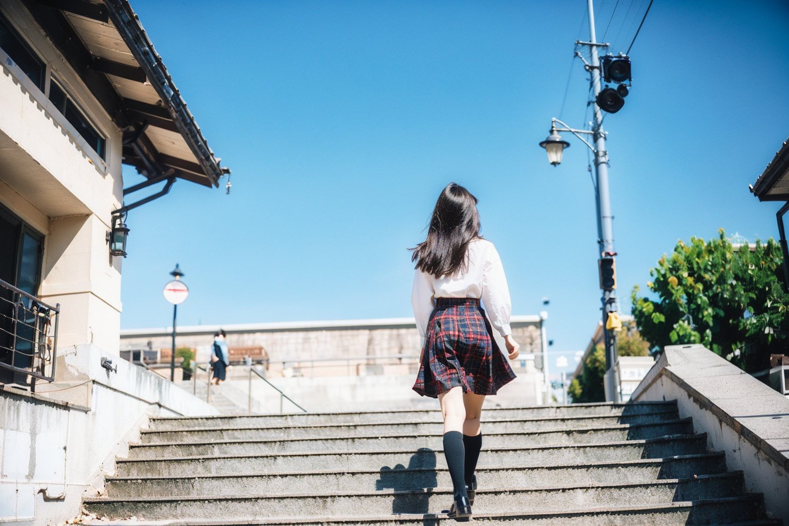 1girl,  instagram photo,  white shirt,  solo,  long hair,  skirt,  bangs,  black hair,  outdoors,  plaid,  from behind,  plaid skirt,  building,  walking,  stairs,  real world location, japan, dream_girl, film_grain,<lora:EMS-53812-EMS:0.600000>,<lora:EMS-242618-EMS:0.700000>