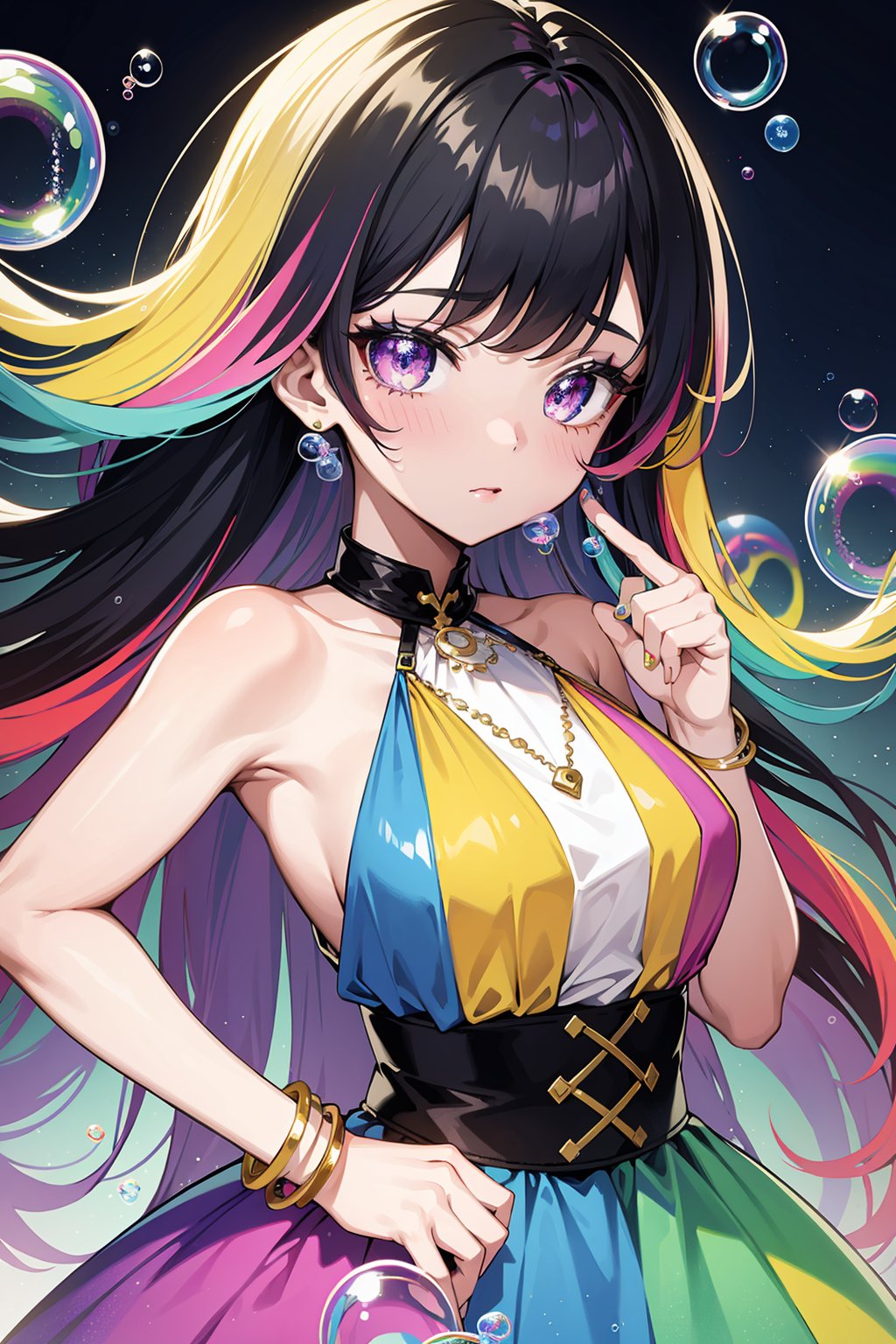 1girl, rich color,glitter ,bright pupils, detailed eyes, expressive eyes, rainbow dress, jewelry, rainbow, rainbow theme, (bubbles:1.5), abstract,  raibow hair, long hair, rainbow eyes color, gradient, 