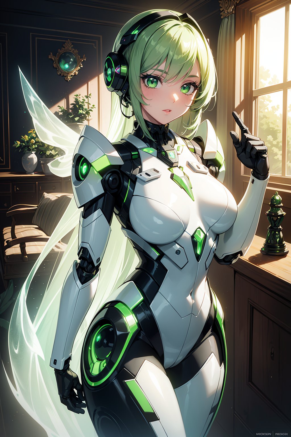 (masterpiece, best quality, extremely detailed, intricately detailed, photo-realistic), (robot), (solid glowing green eyes, cute pose, green hair, emerald incrustations), (feminine eyelashes), chiaroscuro lighting, ray tracing, polished, intricately detailed, high resolution, volumetric lightning,1 girl,sexrobot,