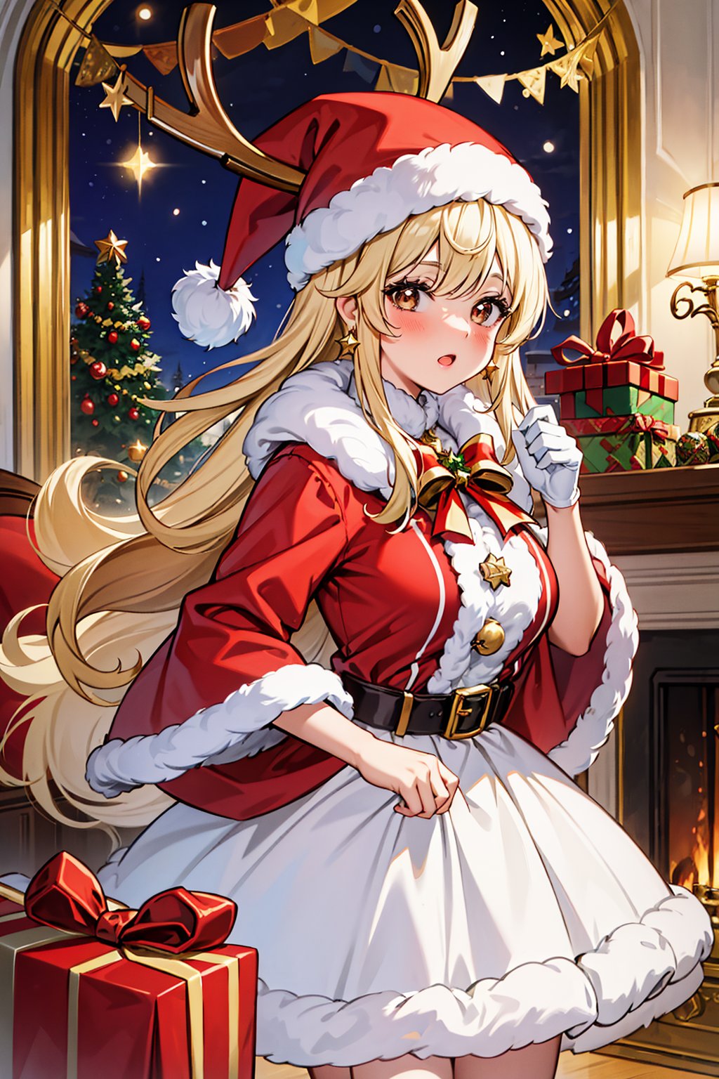 christmas, fur-trimmed_headwear, santa_costume, santa_hat, christmas_tree, hat, christmas_ornaments, fur_trim, merry_christmas, red_headwear, santa_dress, 1girl, holly, red_capelet, antlers, sack, bell, star_(symbol), long_hair, holding, food, earrings, reindeer_antlers, fur-trimmed_dress, fur-trimmed_sleeves, solo, gift, santa_bikini, christmas_lights, pom_pom_(clothes), jewelry, santa_gloves, fireplace, holding_sack, bobblehat, fur-trimmed_capelet, looking_at_viewer, red_dress, cup, star_earrings, gift_box, cake, blush, table, candy_cane, fur-trimmed_jacket, plate,Cute girl