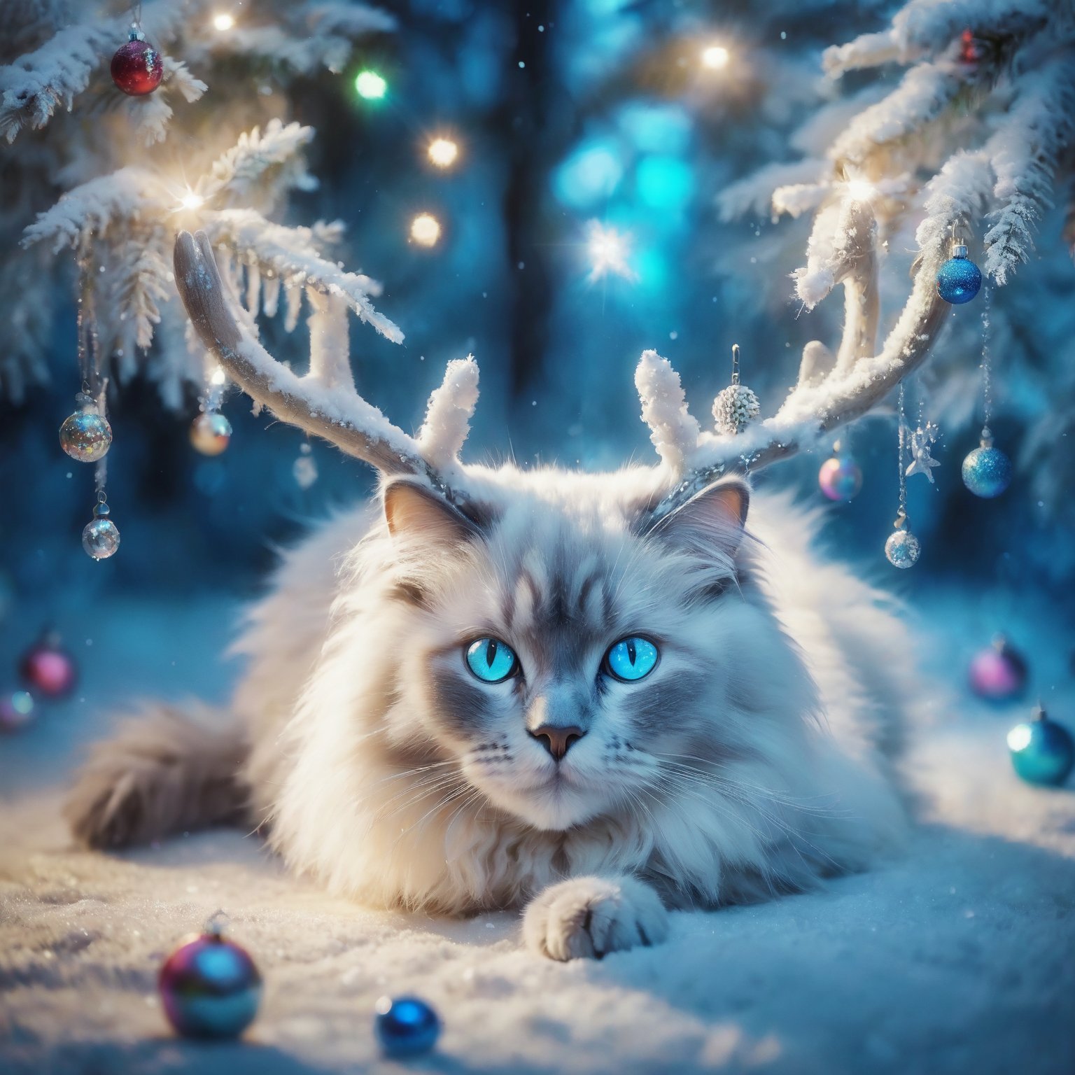  poakl christmas style,animal, (flourescent blue theme), iridescent aura, ragdoll cat, stup1dantl3rs, fake antlers, snowing, high quality,best quality, highres, high detail, masterpiece, best quality,,