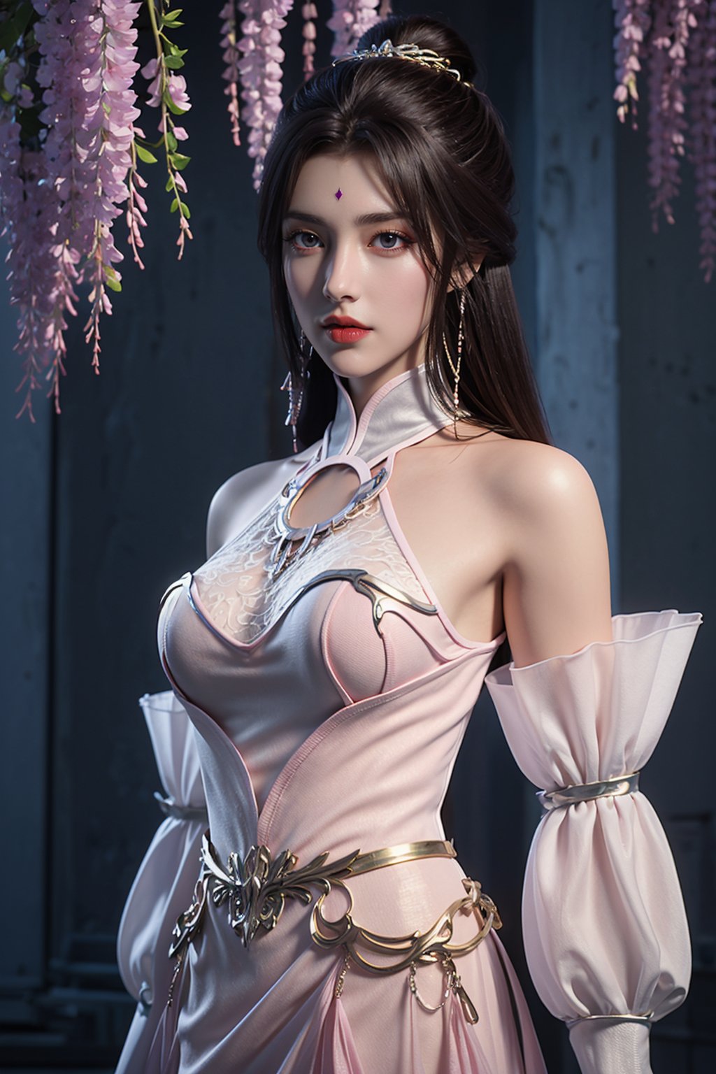 (8k, RAW photo:1.2),best quality,ultra high res,(masterpiece, best quality:1.2),front view,shukezouma,negative space,shuimobysim,cinematic photo portrait of a woman standing,((upper body)),breasts,long hair,(forehead mark:1.2),jewelry,see-through,metal trim,revealing clothes,medium breasts,standing,earrings,dress,bra,flower,bare shoulders,no panties,(hair ornament:1.2),looking at viewer,nipples,brown hair,pink dress,brown eyes,detached sleeves,wisteria,side slit,bare legs,pelvic curtain,color Ink wash painting,Beautiful face,<lora:SkinTexture_B:1>,<lora:完美世界月婵仙子_v1.0:0.6>,