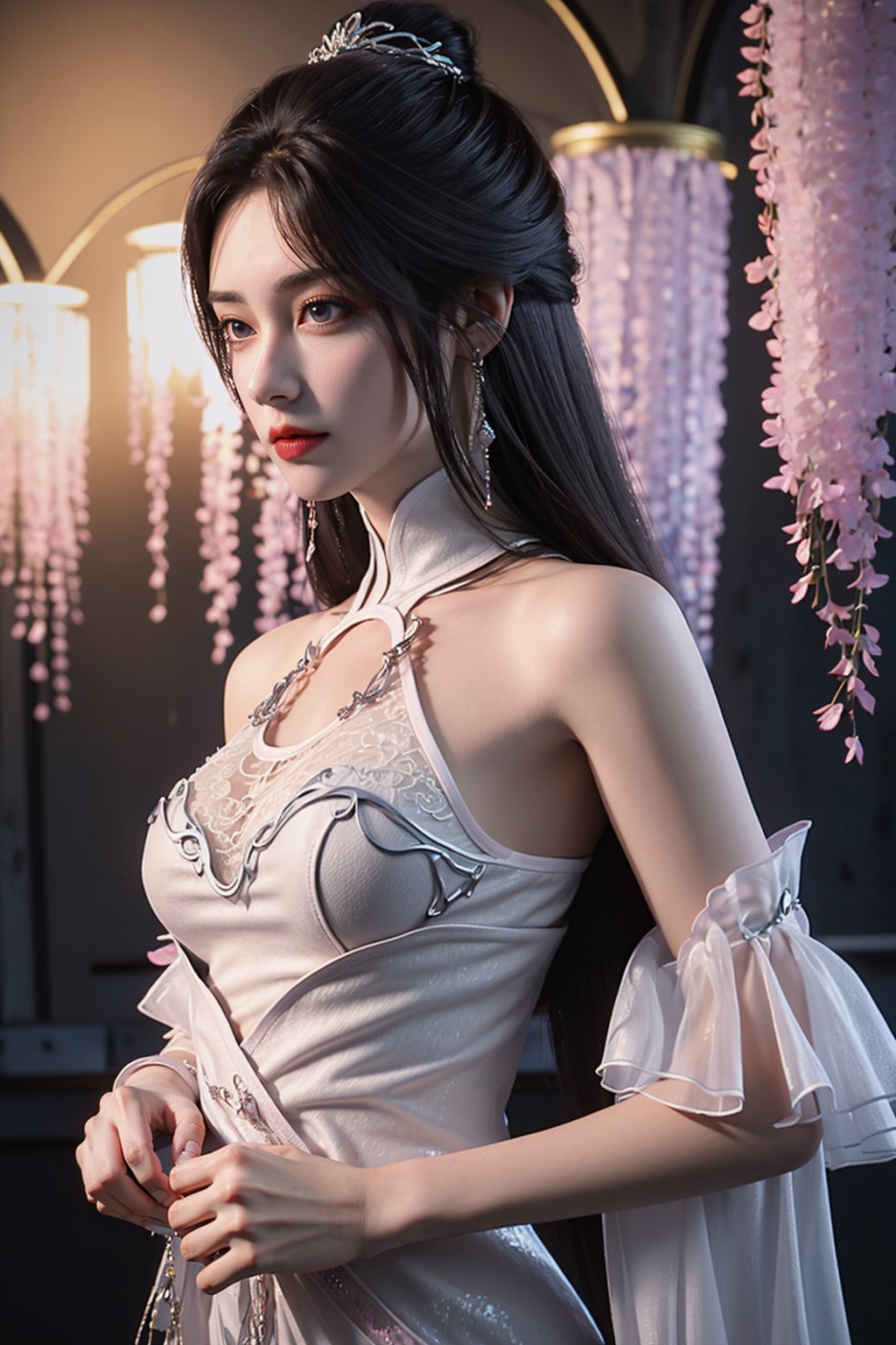 (8k, RAW photo:1.2),best quality,ultra high res,(masterpiece, best quality:1.2),front view,shukezouma,negative space,shuimobysim,cinematic photo portrait of a woman standing,((upper body)),breasts,long hair,(forehead mark:1.2),jewelry,see-through,metal trim,revealing clothes,medium breasts,standing,earrings,dress,bra,flower,bare shoulders,no panties,(hair ornament:1.2),looking at viewer,nipples,brown hair,pink dress,brown eyes,detached sleeves,wisteria,side slit,bare legs,pelvic curtain,color Ink wash painting,Beautiful face,<lora:SkinTexture_B:1>,<lora:完美世界月婵仙子_v1.0:0.6>,