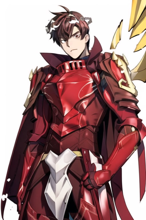 1boy, solo, white background, male focus, GodGrid, Redholyarmor, red armor, red cape, crown, messy hair style ,GodGrid, looking_at_viewer, red eyes