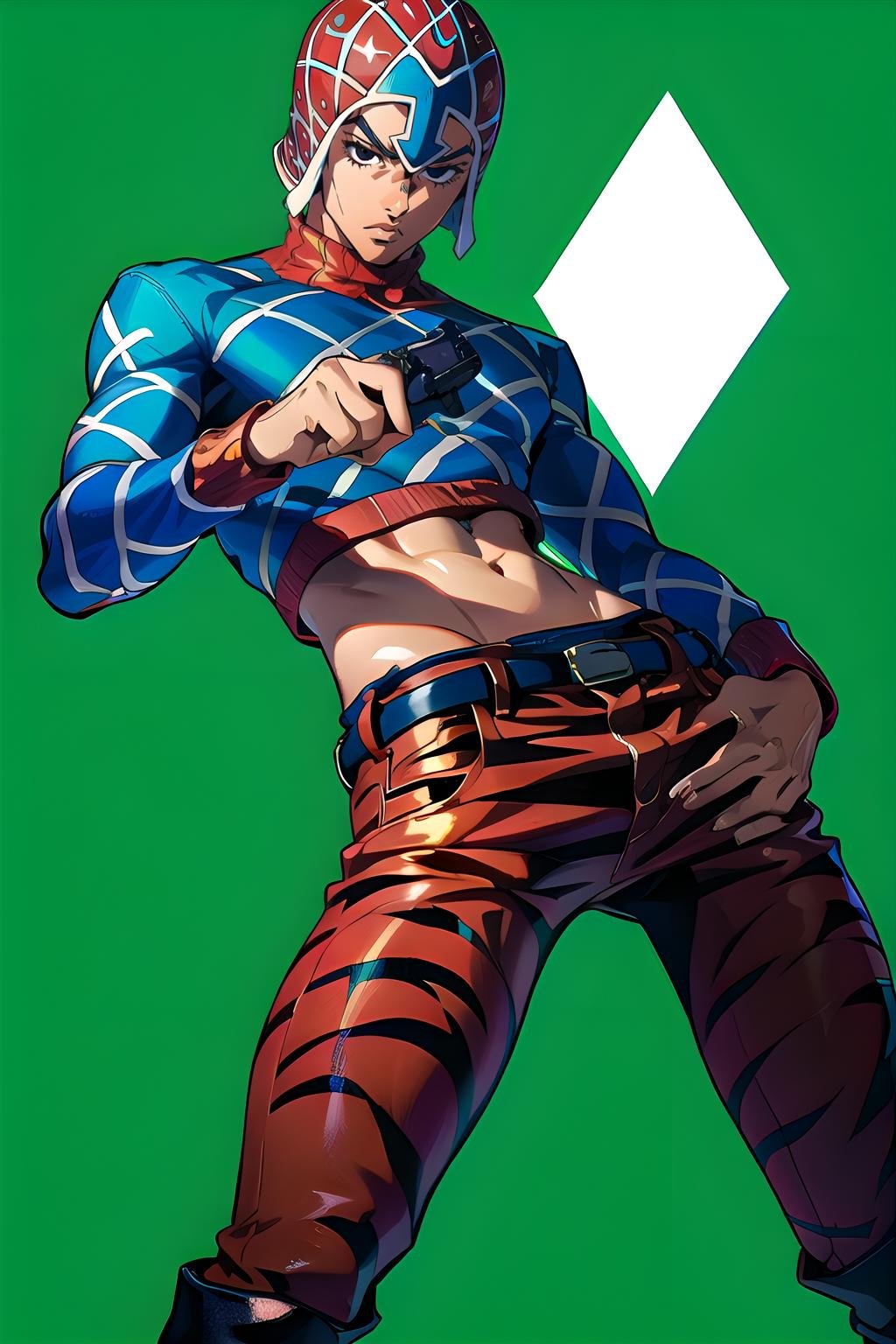 clothing,  1boy,  weapon,  pistol,  revolver,  holding gun,  gun,  male focus,  mista,  solo,  looking at viewer,  simple green background,  hat,  black eyes,  sweater,  pants,  crop top,  hat,  belt,  navel,  unbuttoned pants,  tiger print pants,  , mista,  realism,  very detailed clothing,  detailed,  boots,  light refraction, gun, <lora:EMS-225795-EMS:0.8>