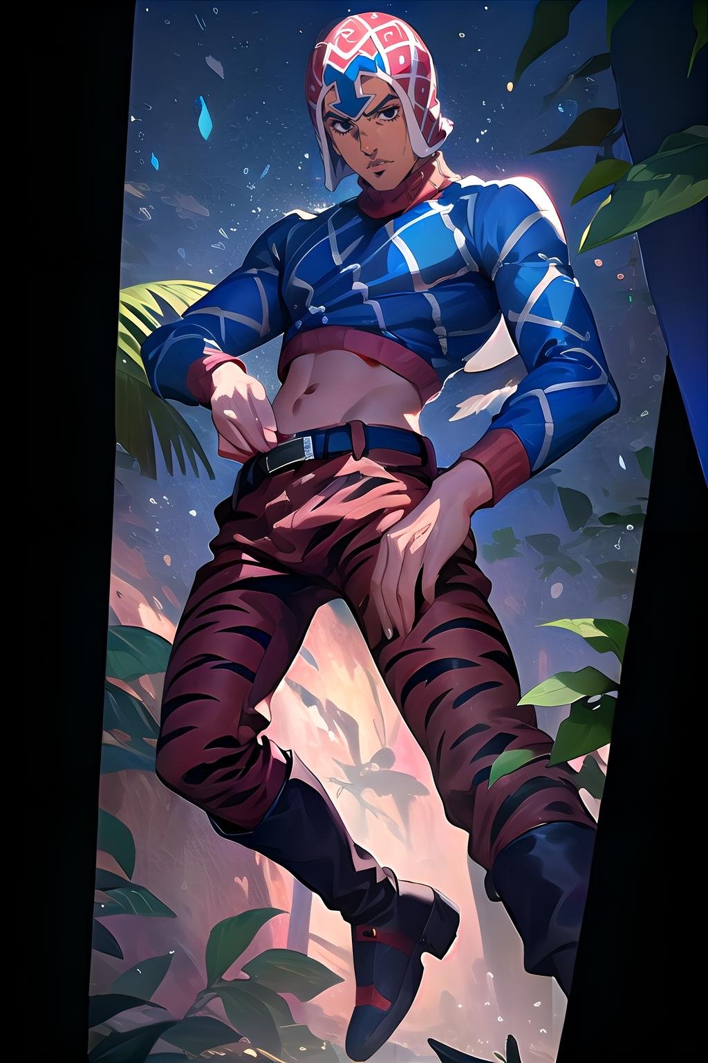 clothing,  1boy,  male focus,  mista,  solo,  looking at viewer,  simple background,  hat,  black eyes,  sweater,  pants,  crop top,  hat,  belt,  navel,  unbuttoned pants,  tiger print pants,  , mista,  realism,  very detailed clothing,  detailed,  boots,  light refraction,  plants, <lora:EMS-225795-EMS:0.8>