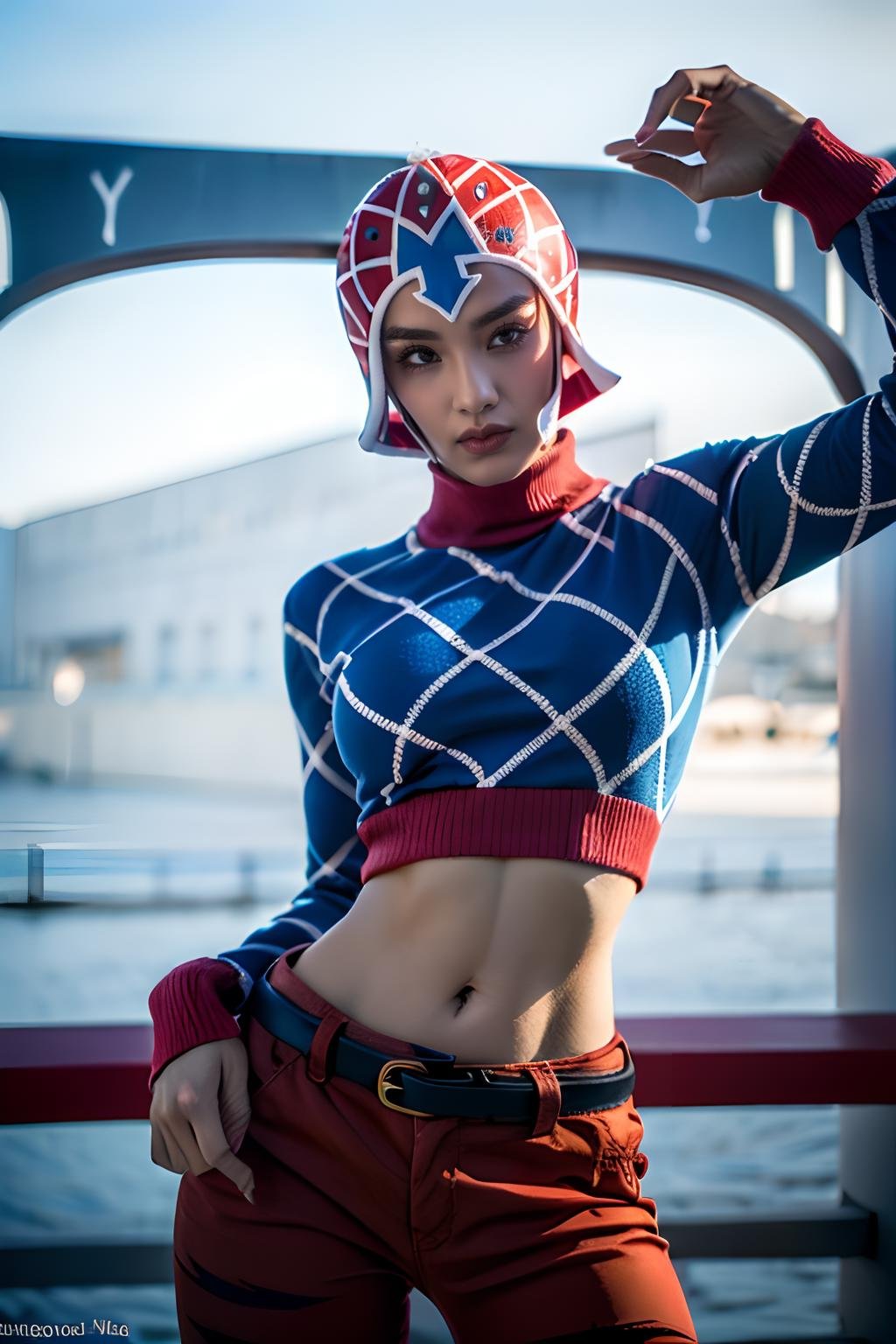 1girl,  large breasts,  underboob,  mista,  solo,  looking at viewer,  simple background,  hat,  black eyes,  blue sweater,  pants,  crop top,  city background,  red hat,  belt,  navel,  unbuttoned pants,  fire in background,  night,  cosplay,  tiger print pants,  asian, mista,  Masterpiece,  top quality,  realistic,  original photo,  , <lora:EMS-105466-EMS:0.8>, <lora:EMS-225795-EMS:0.8>