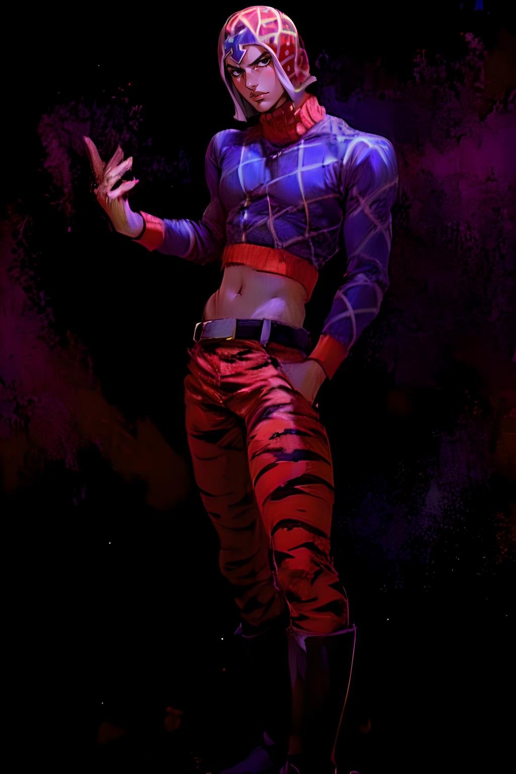 purple clothing,  ((purple_outfit:0.8))1boy,  male focus,  mista,  solo,  looking at viewer,  simple background,  hat,  black eyes,  purple sweater,  pants,  crop top,  city background,  purple hat,  belt,  navel,  unbuttoned pants,  tiger print pants,  , mista,  painting,  detailed,  boots, <lora:EMS-225795-EMS:0.8>