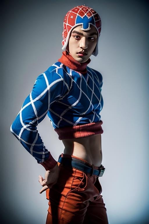 mista,  solo,  looking at viewer,  simple background,  1boy,  hat,  black eyes,  sweater,  pants,  crop top,  city background,  red hat,  belt,  navel,  unbuttoned pants,  fire in background,  night,  cosplay,<lora:EMS-225795-EMS:0.800000>