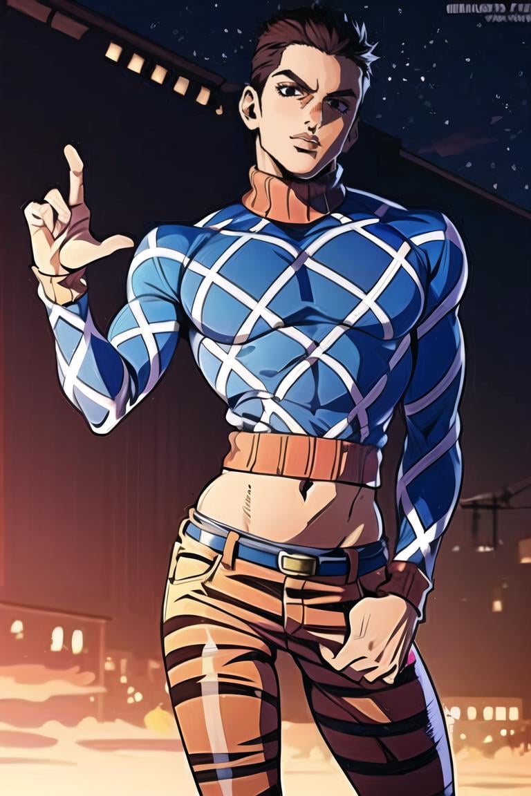 1boy,  mista,  solo,  hair,  black hair,  short hair,  black eyes,  sweater,  crop top,  long sleeves,  pants,  orange pants,  argryle sweater,  navel,  jojo pose,  realistic,  roman collems bacground,  night, modelshoot style,  boots,  style, mista,<lora:EMS-225795-EMS:0.800000>