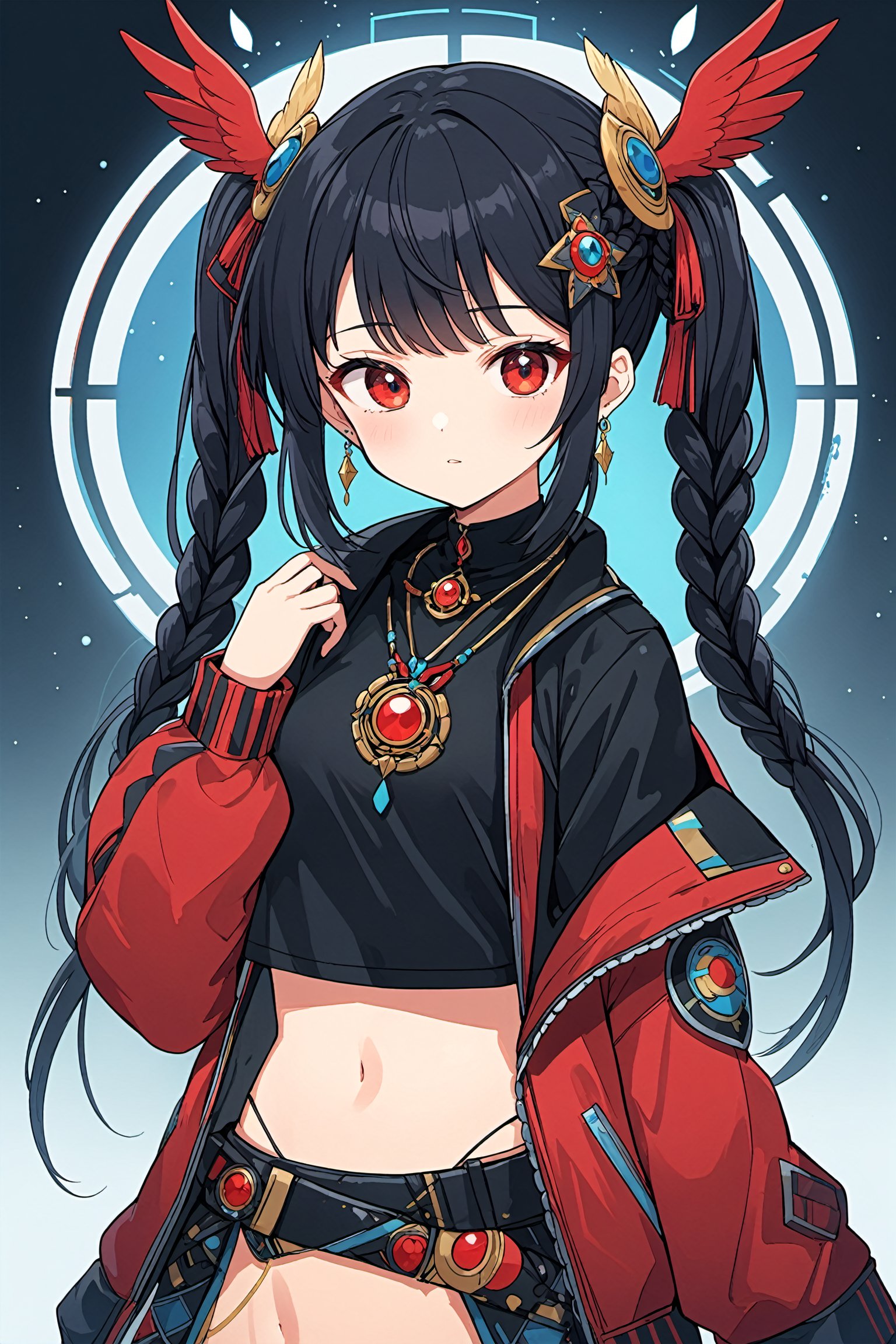 a girl in a red and black outfit with a bird on her head,Senketsu Illustration,portrait of a magical girl,Flat anime style,wearing a tribal outfit,full art illustration,blue cyborg,short twin tails,dribbble style illustration,One Eye Red,jewelry,upper body,earrings,braid,twin braids,necklace,black hair,jacket,long hair,bangs,shirt,red jacket,black shirt,circle,long sleeves,1girl,navel,anime style,