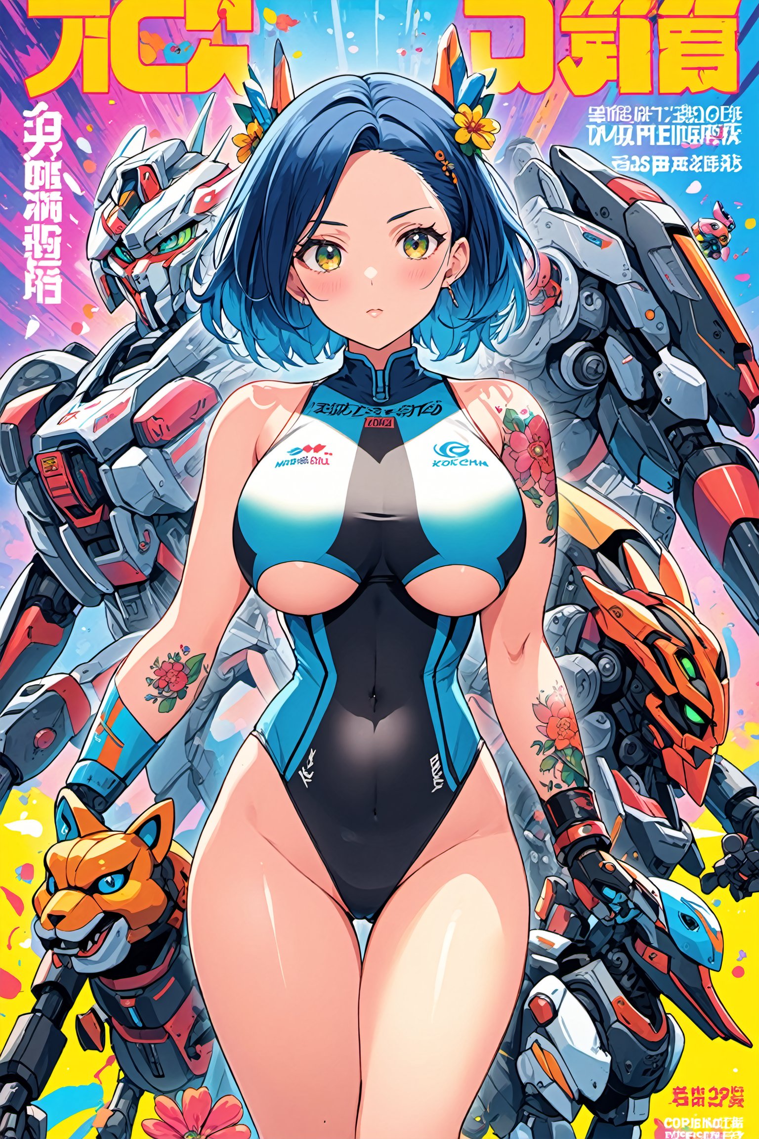 offcial art, colorful, Colorful background, splash of color
A beautiful woman with delicate facial features, sportswear,(mecha style), big breasts, full body portrait, tattoo all over body, flower arms, Surrounded by strange Animal stitched puppets, movie perspective, advertising style, magazine cover