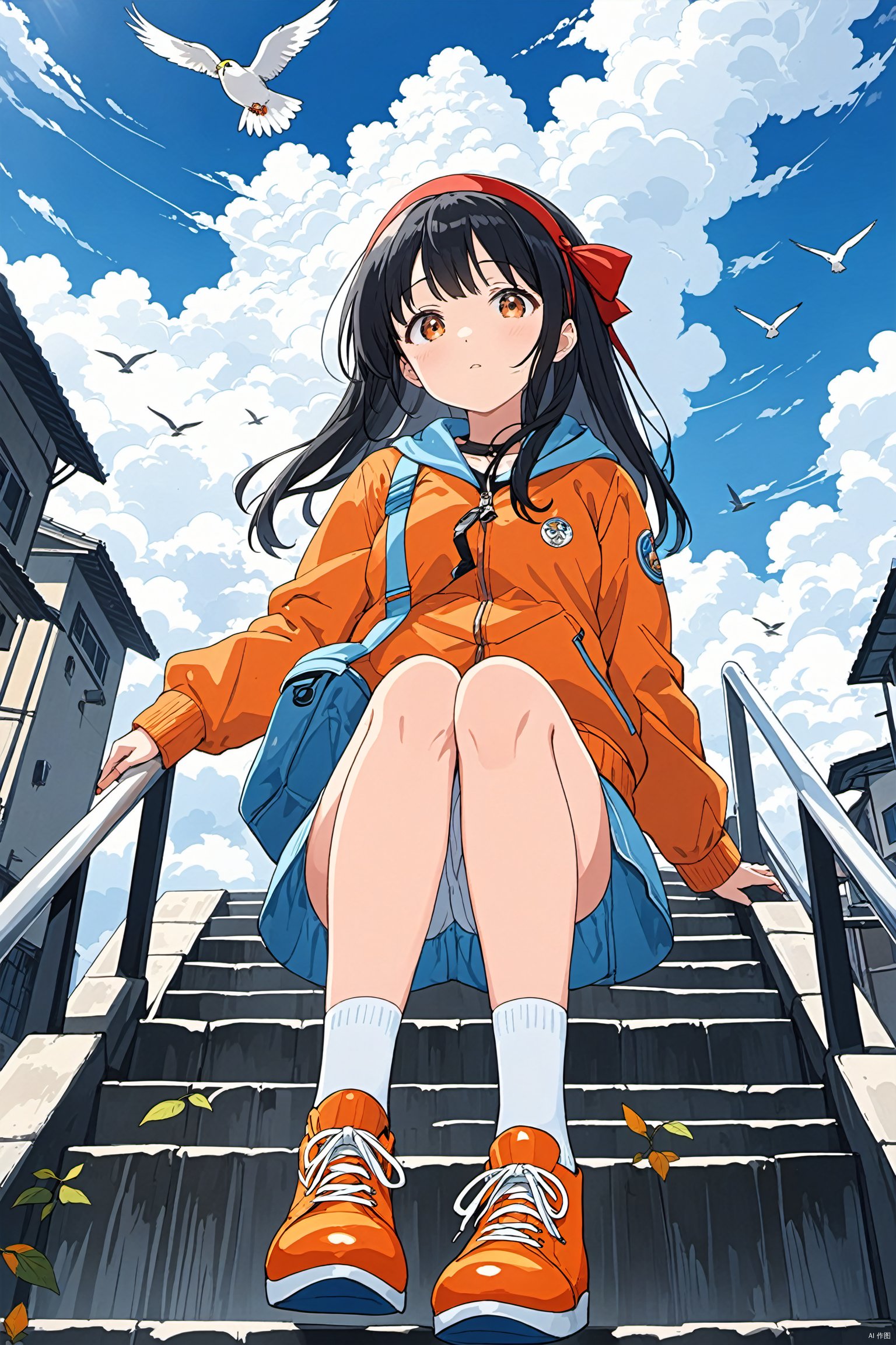  ultra-detailed,(best quality),((masterpiece)),(highres),original,extremely detailed 8K wallpaper,(an extremely delicate and beautiful),
anime,
\\,
BREAK
1girl,orange shoes,solo,sitting,sky,clouds,outdoors,black hair,bird,upward view,blue sky,white socks,daytime,orange jacket,building,long sleeves,leaves,long hair,stairs,red headband,pump Rope,headband,bangs,cloudy sky,from_below,wide_shot,