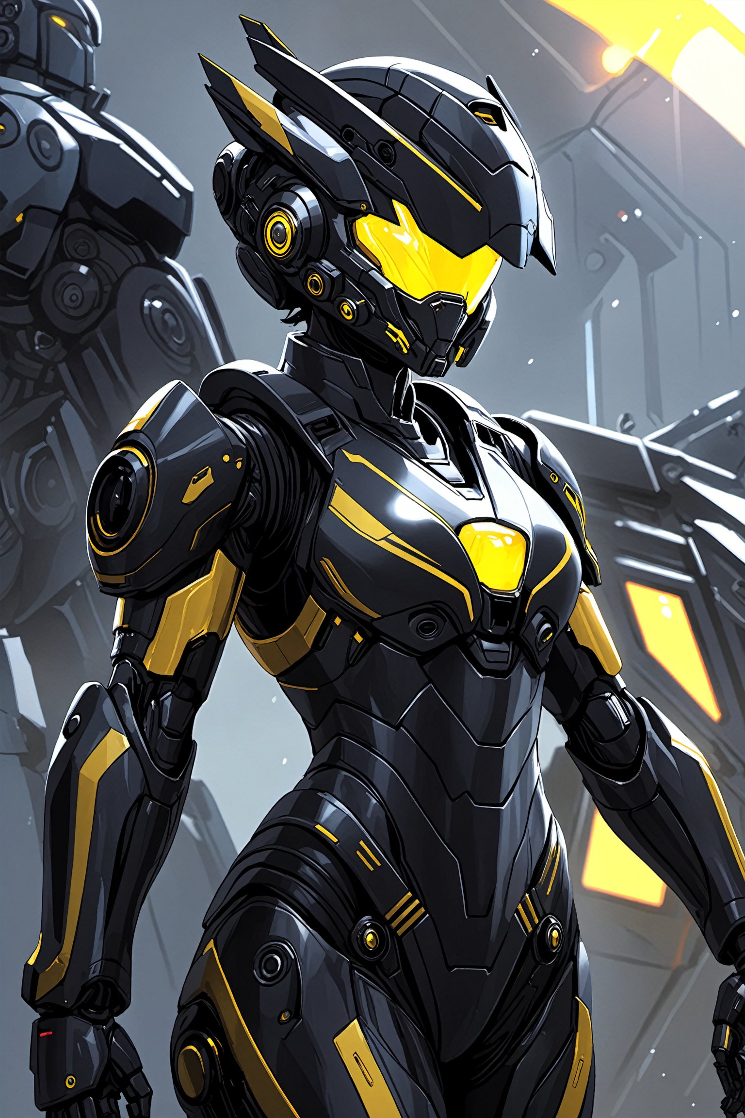 A focus on an anti-g flight suit in a Pacific Rim HD wallpaper. A black armor with yellow accents,the robot captain of a ship designed by Greg Rutkowski and Artgerm. A digital key art piece with science fiction elements and realistic mecha,chinese red,masterpiece,best quality,an extremely delicate and beautiful,
1girl,perfect shadow,ambient light,depth of field,