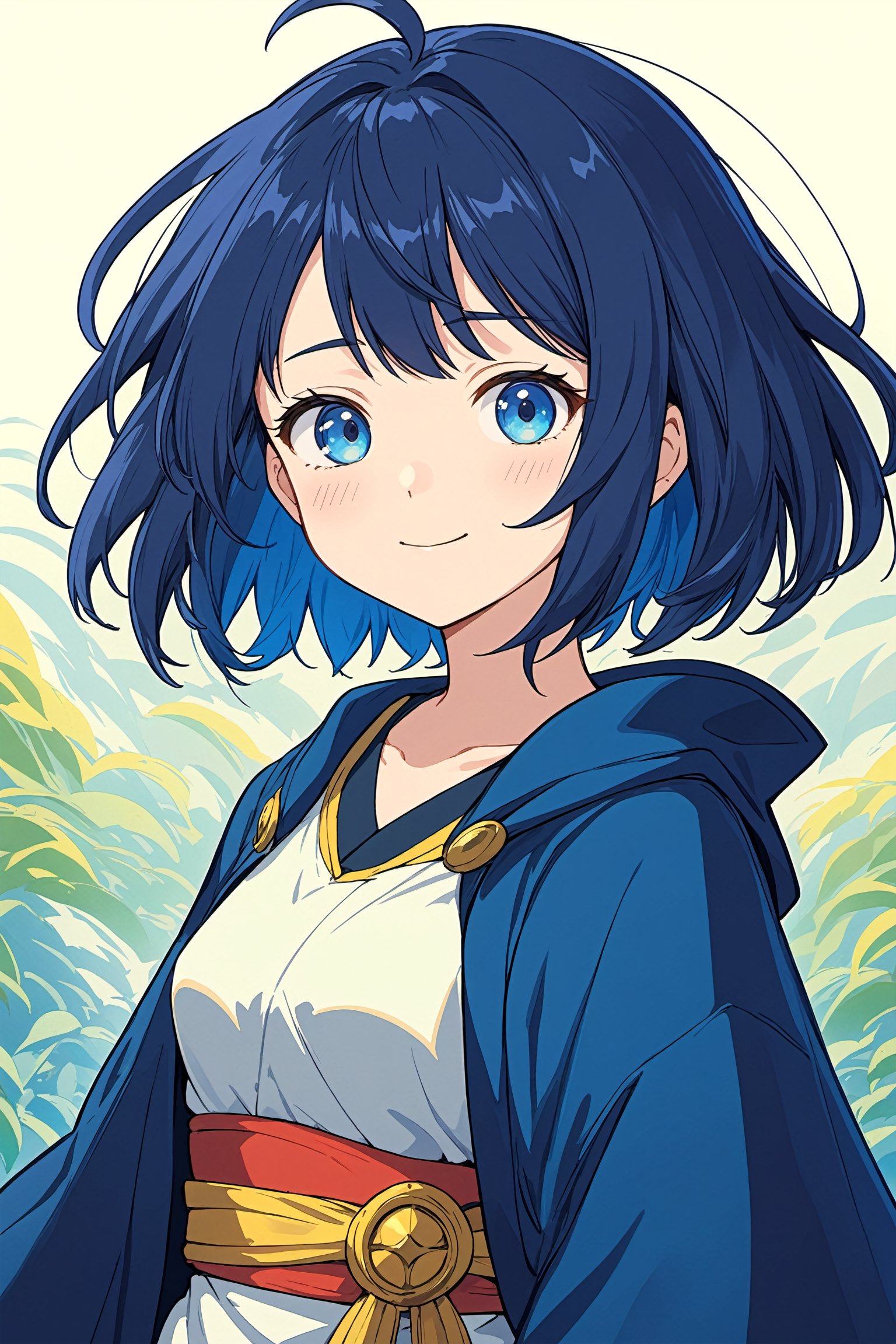 a girl with short deep blue hair,looking at viewer,full art illustration,Official Character,upper body,Flat anime style,8k,Seraphim,Blue-Eyed,4K illustration,Yellow and deep Blue,Artwork in Guweiz Style,Senketsu Illustration,dribbble style,Evil God Illustration,joyeful smile,Studio Ghibli film,:d,closed up,