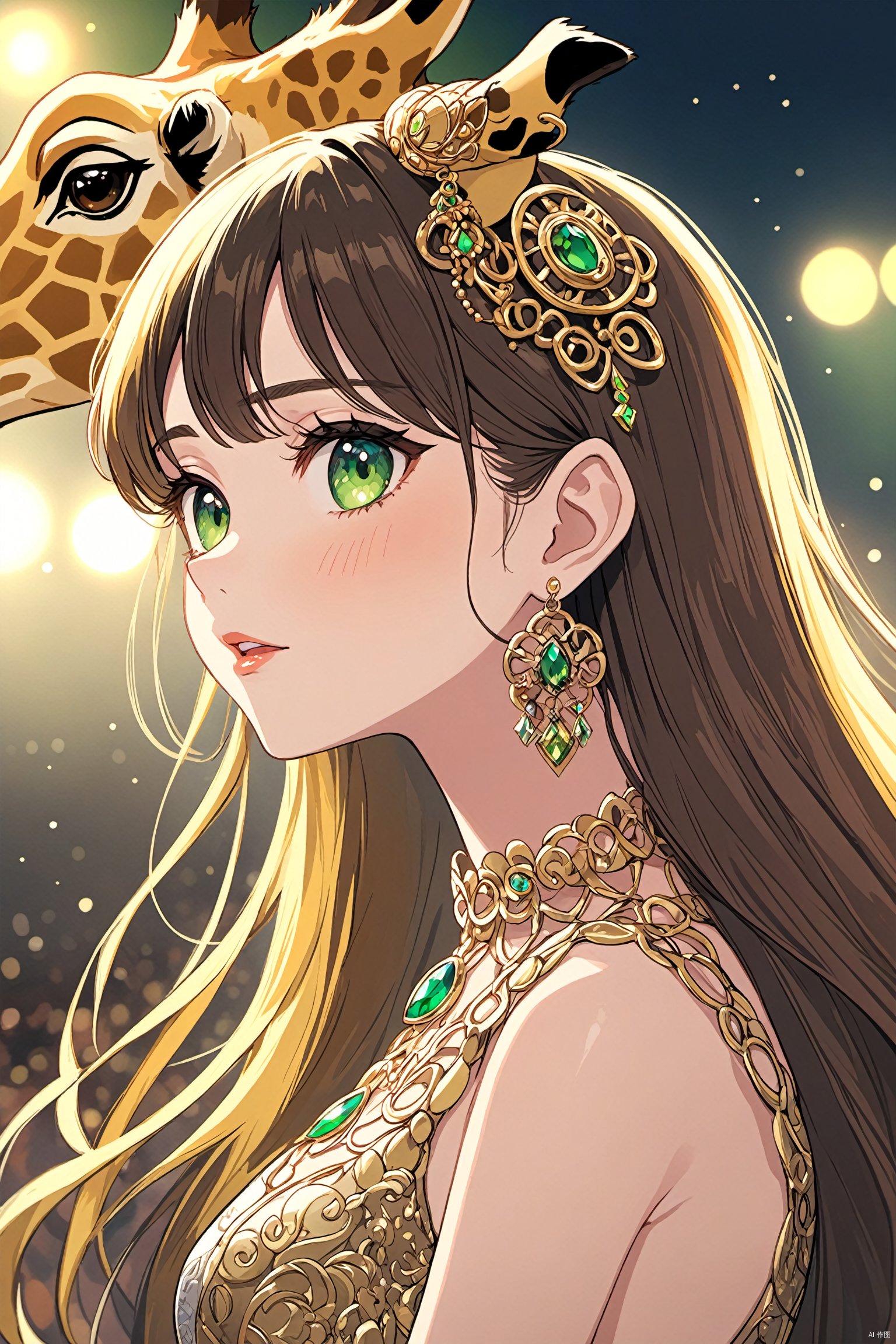  (Masterpiece, best quality, super quality, 8k, ridiculous, crazy detail, intricate detail, hyperdetail, high detail, hyperdetail, reality: 1.4), brunette, long hair, jewelry, giraffe, earrings, watching the audience, 1girl, solo, makeup, upper body, green eyes, wavy hair, eyeshadow, closed mouth, animal, lips, anime style,