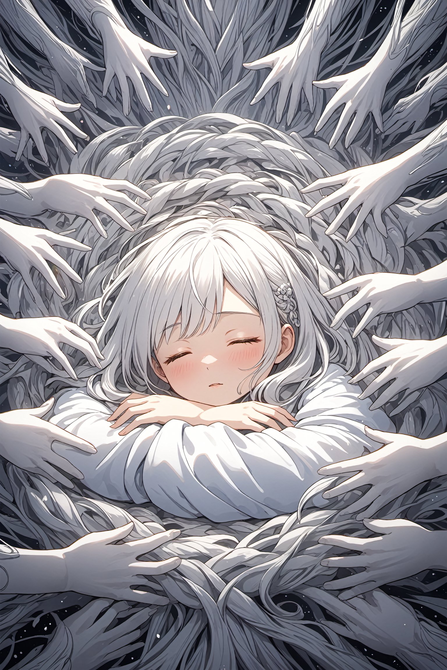 (masterpiece, best quality, high resolution),white hands emerging from a singularity,sleeping face,many hands,vortex,intricate detail,8k,hdr,
,chinese girl,