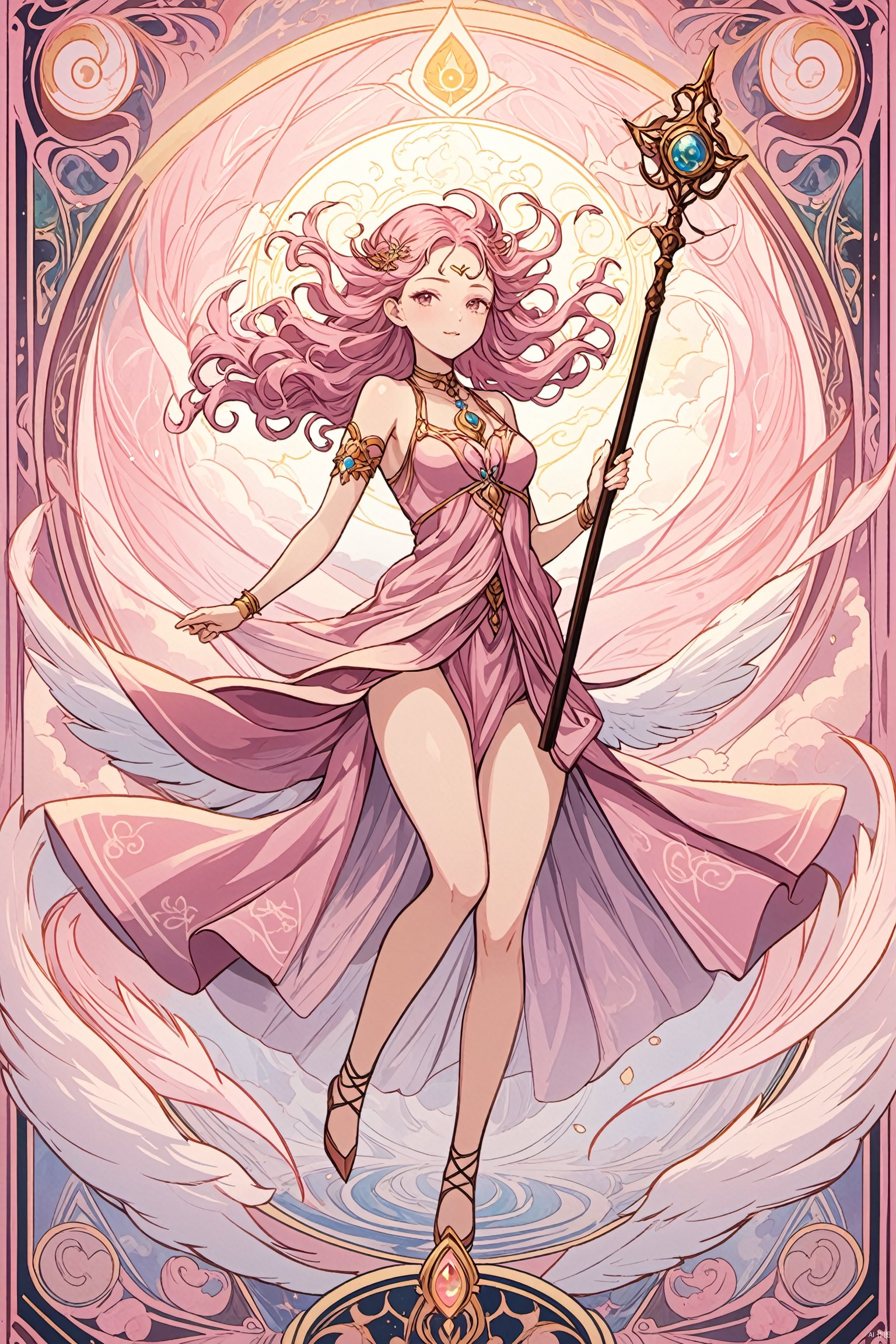 A mesmerizing Tarot card featuring an exquisite design in shades of delicate pink. The art form resembles a digital illustration with intricate details that capture the essence of mysticism. The card depicts a graceful figure surrounded by swirling winds, symbolizing the element of air. The winds intertwine with the figure, creating an ethereal and enchanting visual effect. The figure holds a staff adorned with feathers, representing their connection to the spiritual realm. The background is adorned with soft clouds, imbuing the scene with a sense of serenity and tranquility. The overall result is a captivating Tarot card that invites viewers to embrace the power of the winds and harness the energies of the air element.