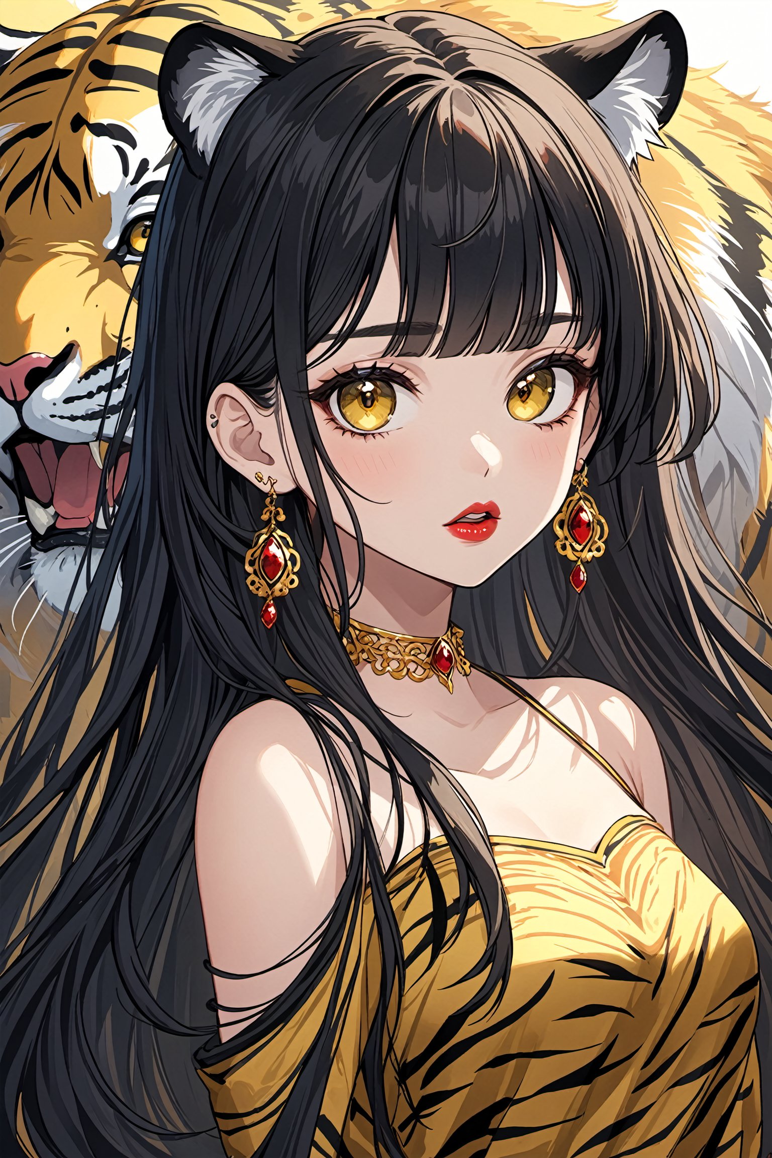 (masterpiece,best quality,hyper quality,8k,absurdres,insane details,intricate details,hyperdetailed,high detail,ultra detailed,realistic:1.4, ),
,,,
black hair, long hair, jewelry, tiger, earrings, looking at viewer, 1girl, solo, makeup, red lips, upper body, yellow eyes, wavy hair, eyeshadow, closed mouth, animal, lips