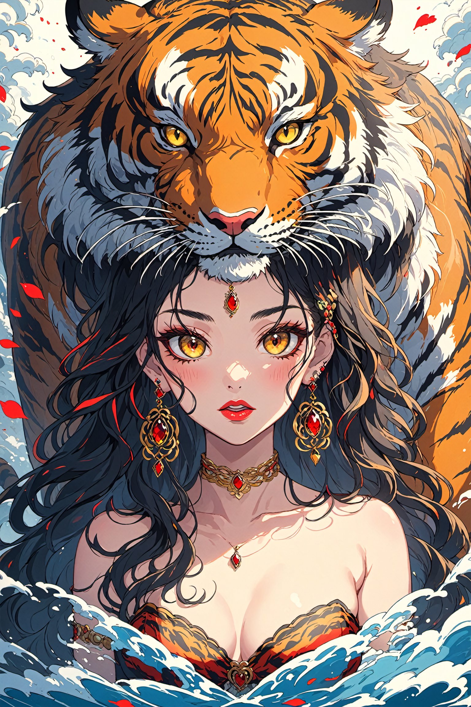  (masterpiece,best quality,hyper quality,8k,absurdres,insane details,intricate details,hyperdetailed,high detail,ultra detailed,realistic:1.4, ),
,,,
black hair, long hair, jewelry, tiger, earrings, looking at viewer, 1girl, solo, makeup, red lips, upper body, yellow eyes, wavy hair, eyeshadow, closed mouth, animal, lips, Anime style