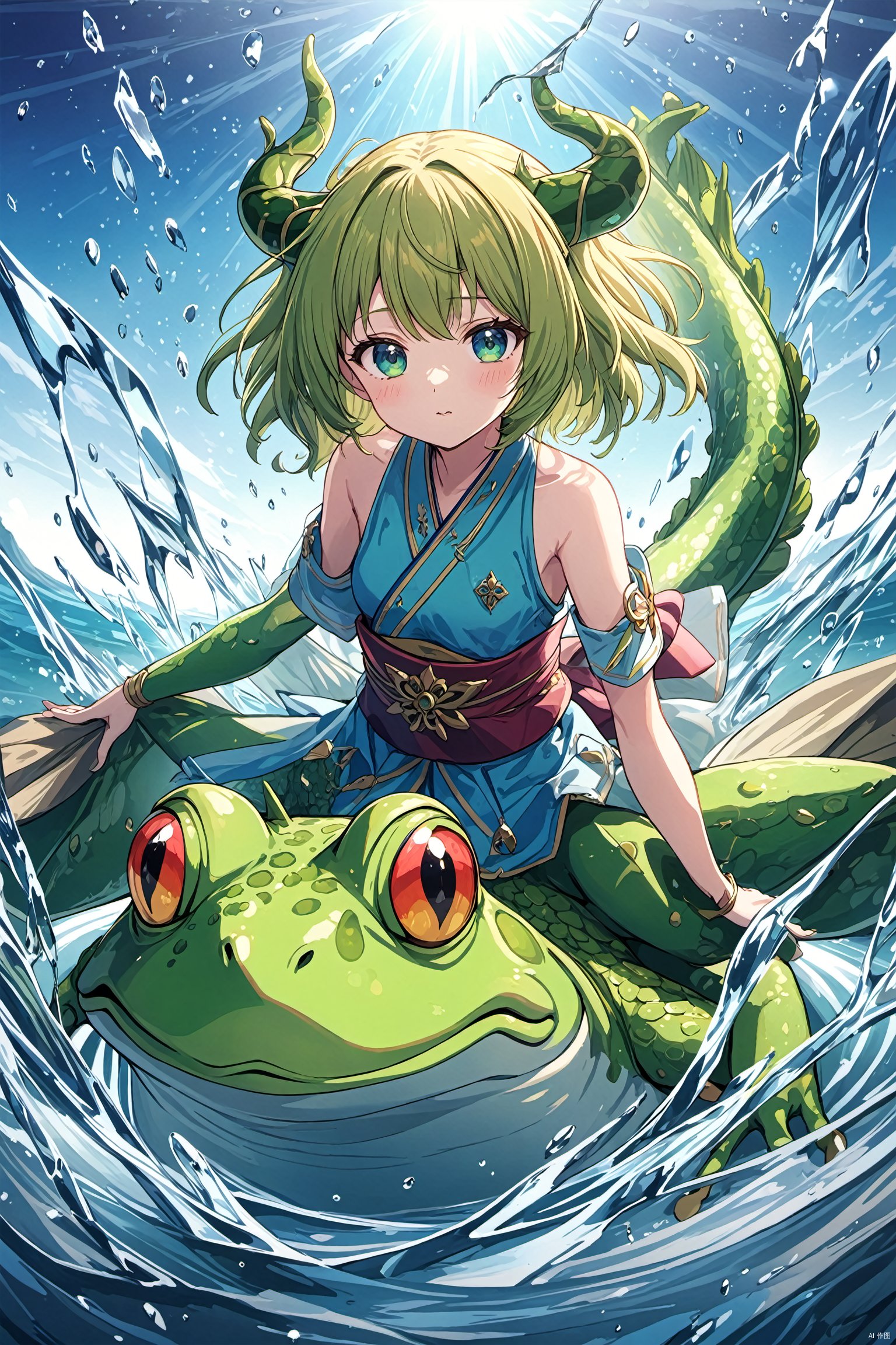 ljcc,anime artwork BJ_Sacred_beast_Illustration,Frog,solo,looking_at_viewer,horns,water,sash,wind,dragon,wide_shot,photo,8k,intricate,highly detailed,majestic,digital photography,broken glass,(masterpiece, sidelighting, finely detailed beautiful eyes:1.2),hdr,realistic,high definition, anime style, key visual, vibrant, studio anime, highly detailed