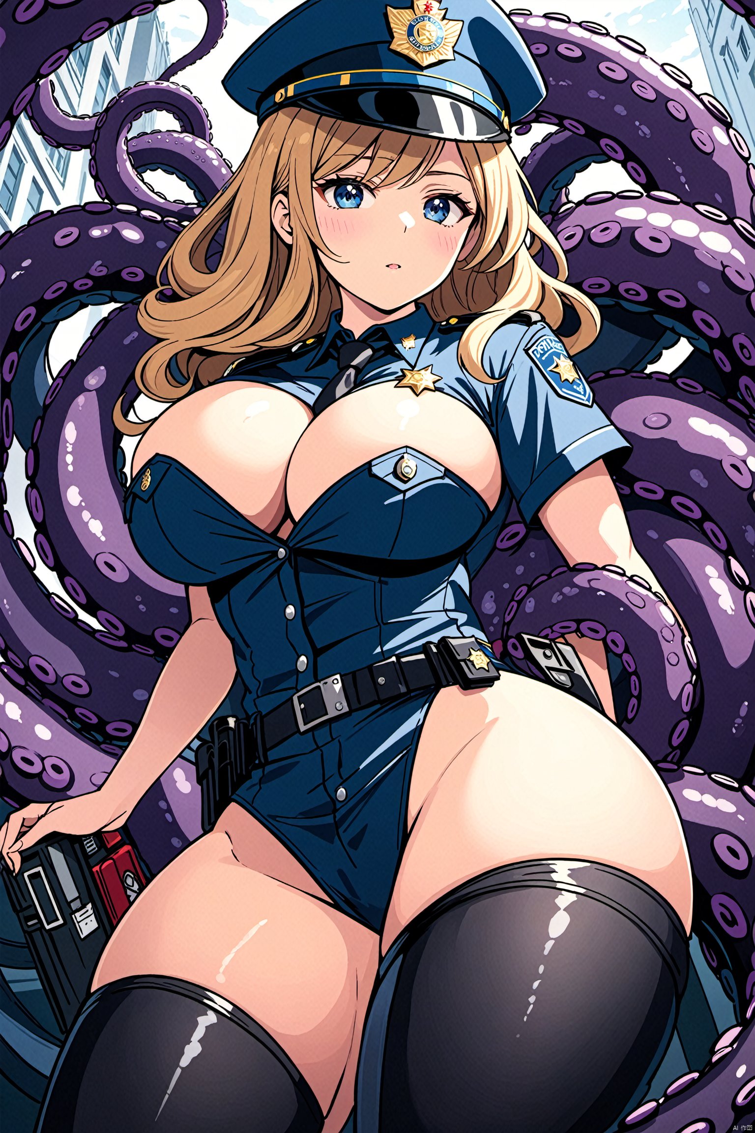  a seductive and curvaceous female police officer with a large breasts who accidentally enters the tentacle nest

,,